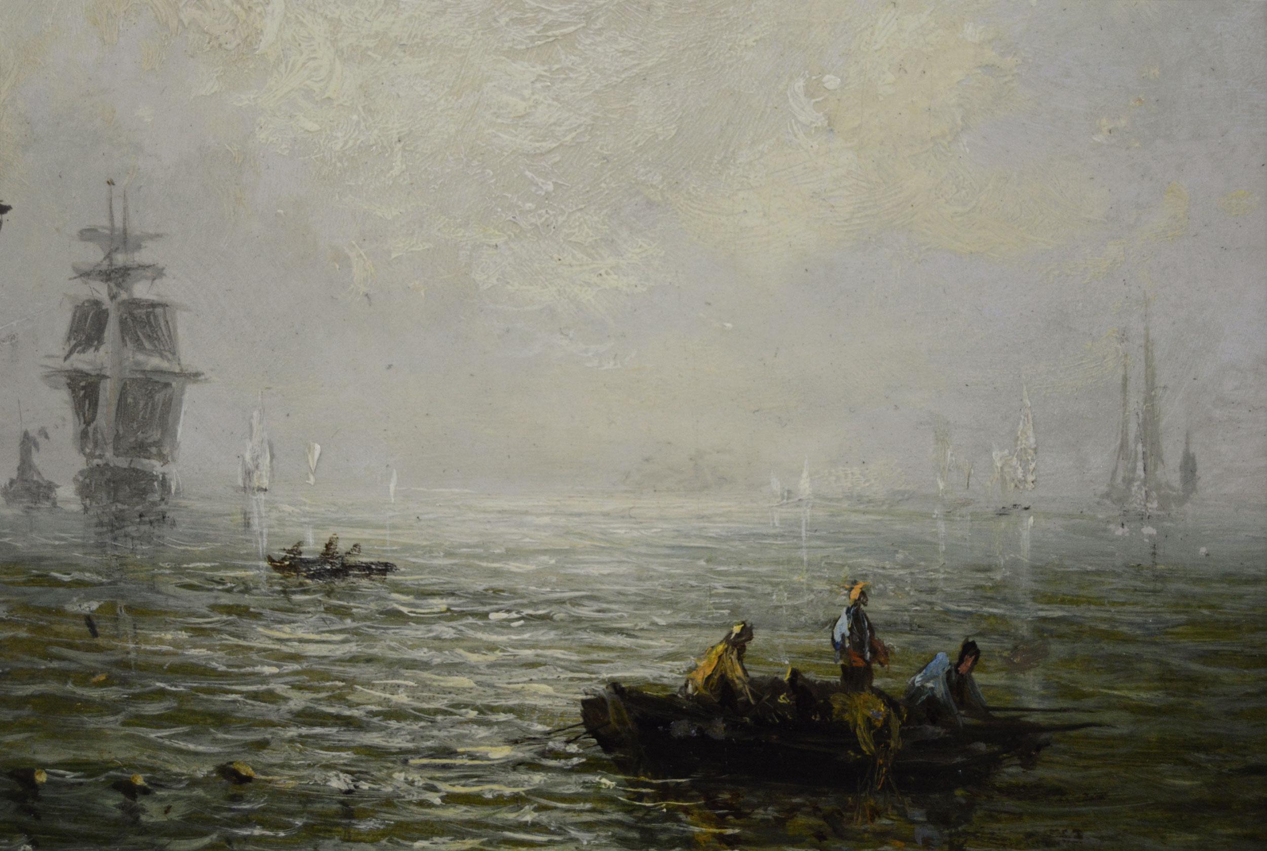 Zwei Ölgemälde von Schiffen am Morgen und bei Sonnenuntergang aus dem 19. (Braun), Landscape Painting, von Adolphus Knell