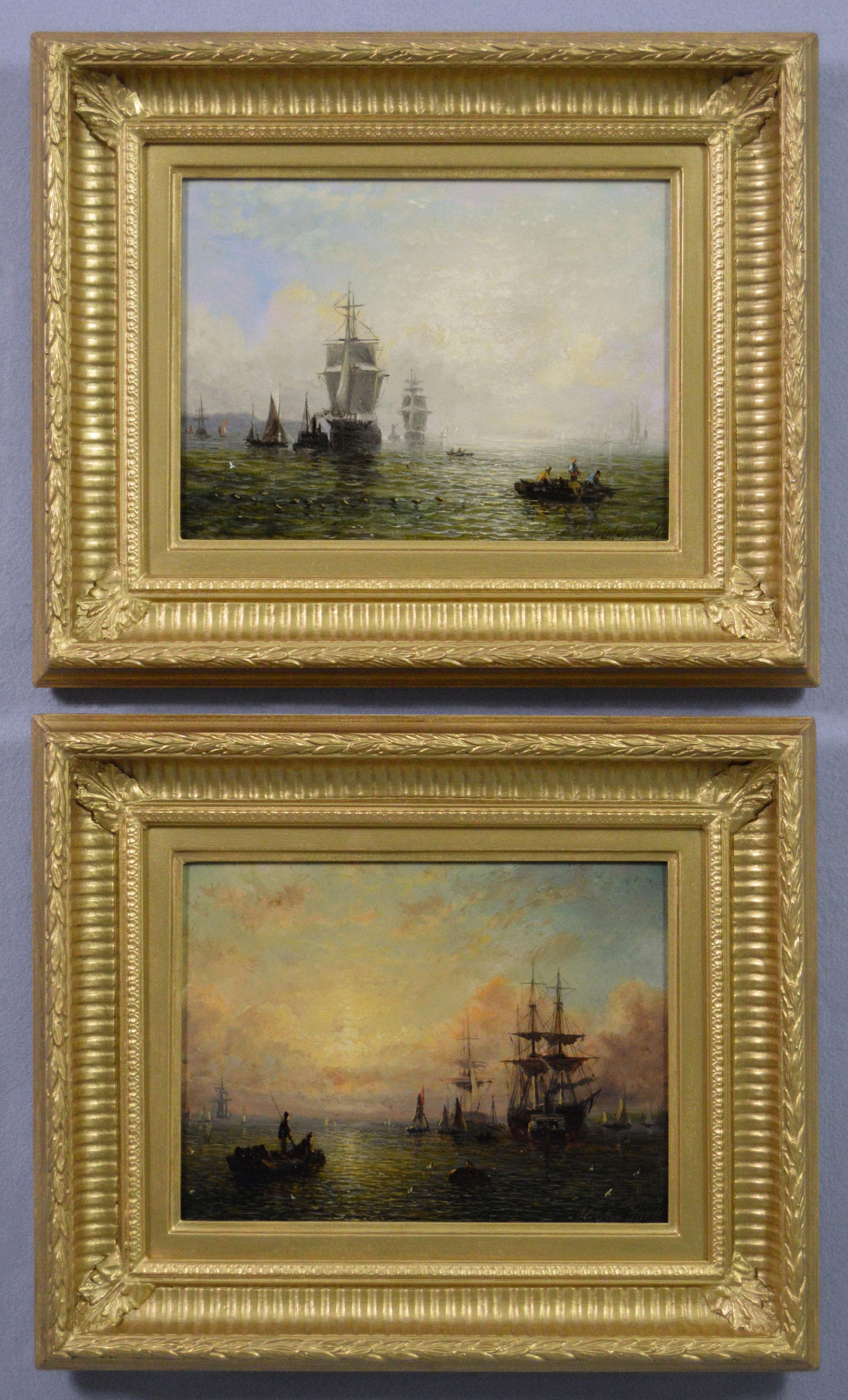 Pair of 19th Century seascape oil paintings of ships in the morning & at sunset