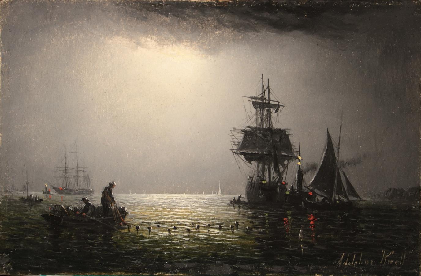 Adolphus Knell Landscape Painting - "Shipping by Moonlight"