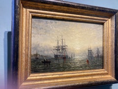 "19th Century Shipping off the Coast at Sunset" small Oil Painting