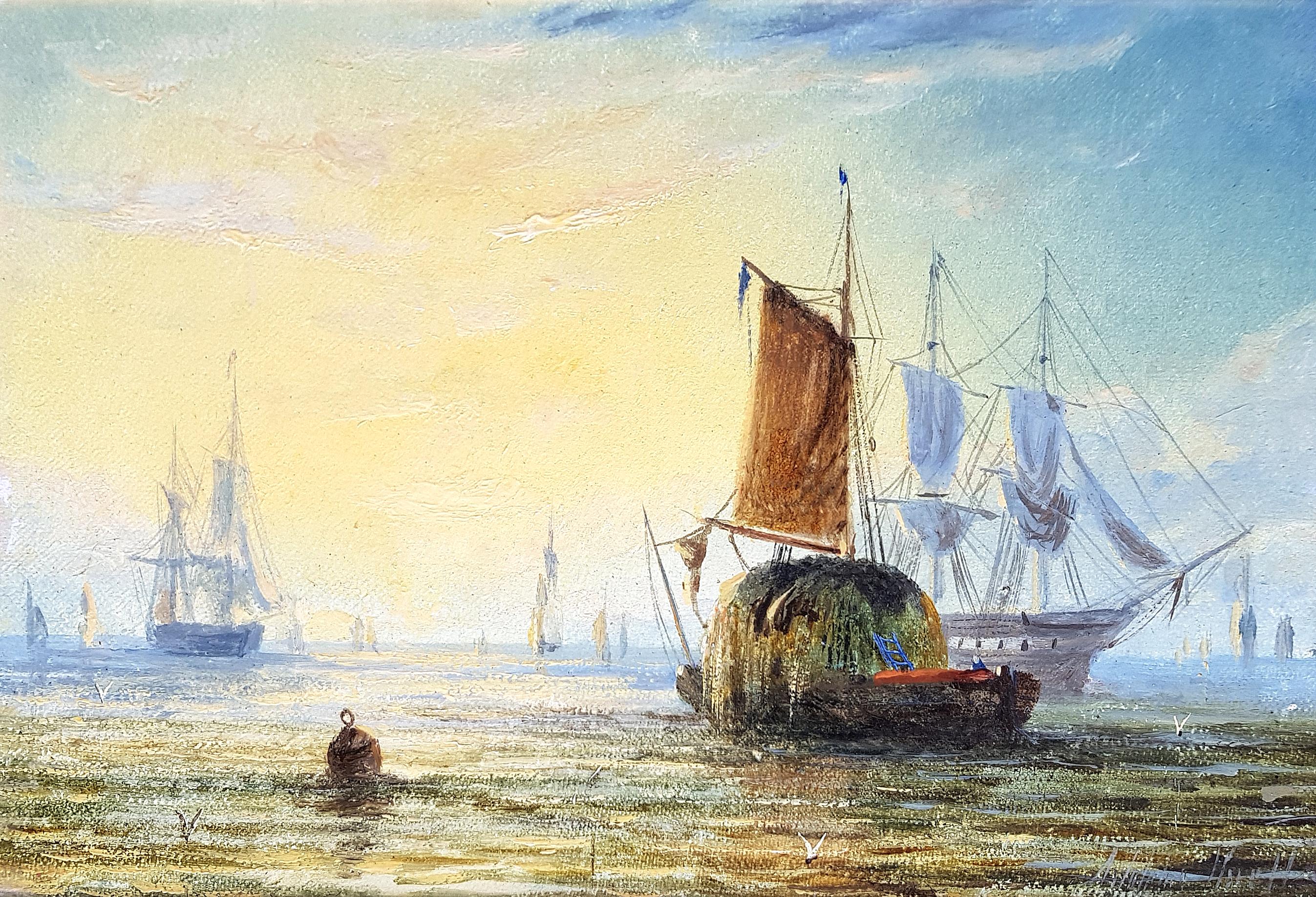 Thames Barges (Pair) - Gray Landscape Painting by Adolphus Knell