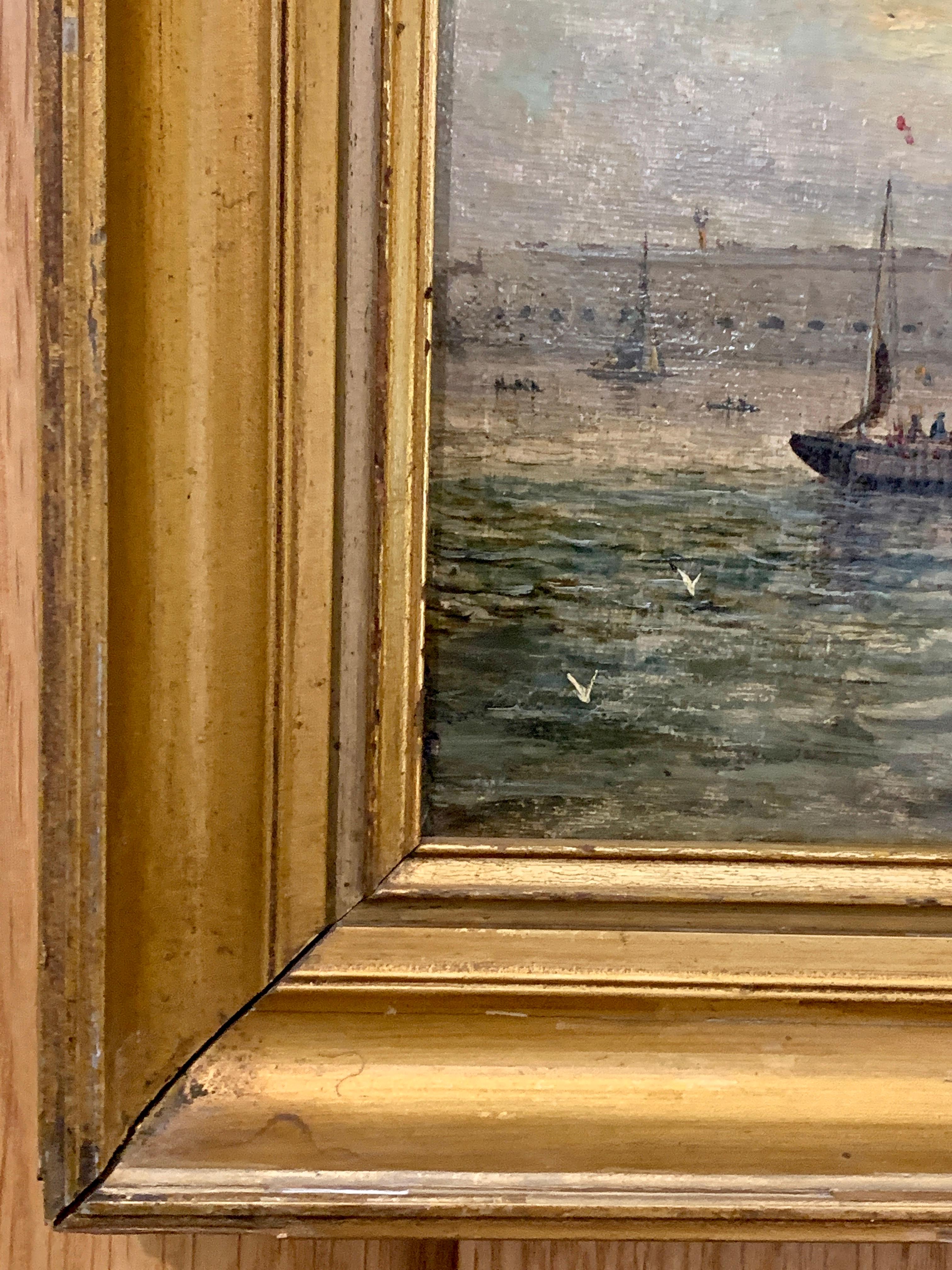 English 19th century Victorian Sailing scene, with fishing vessels off of a landscape, possibly Portsmouth Harbor.

Outstanding Victorian marine scene of a yacht at sail possible in the English Channel. We believe the work to be Adolphus Knell but