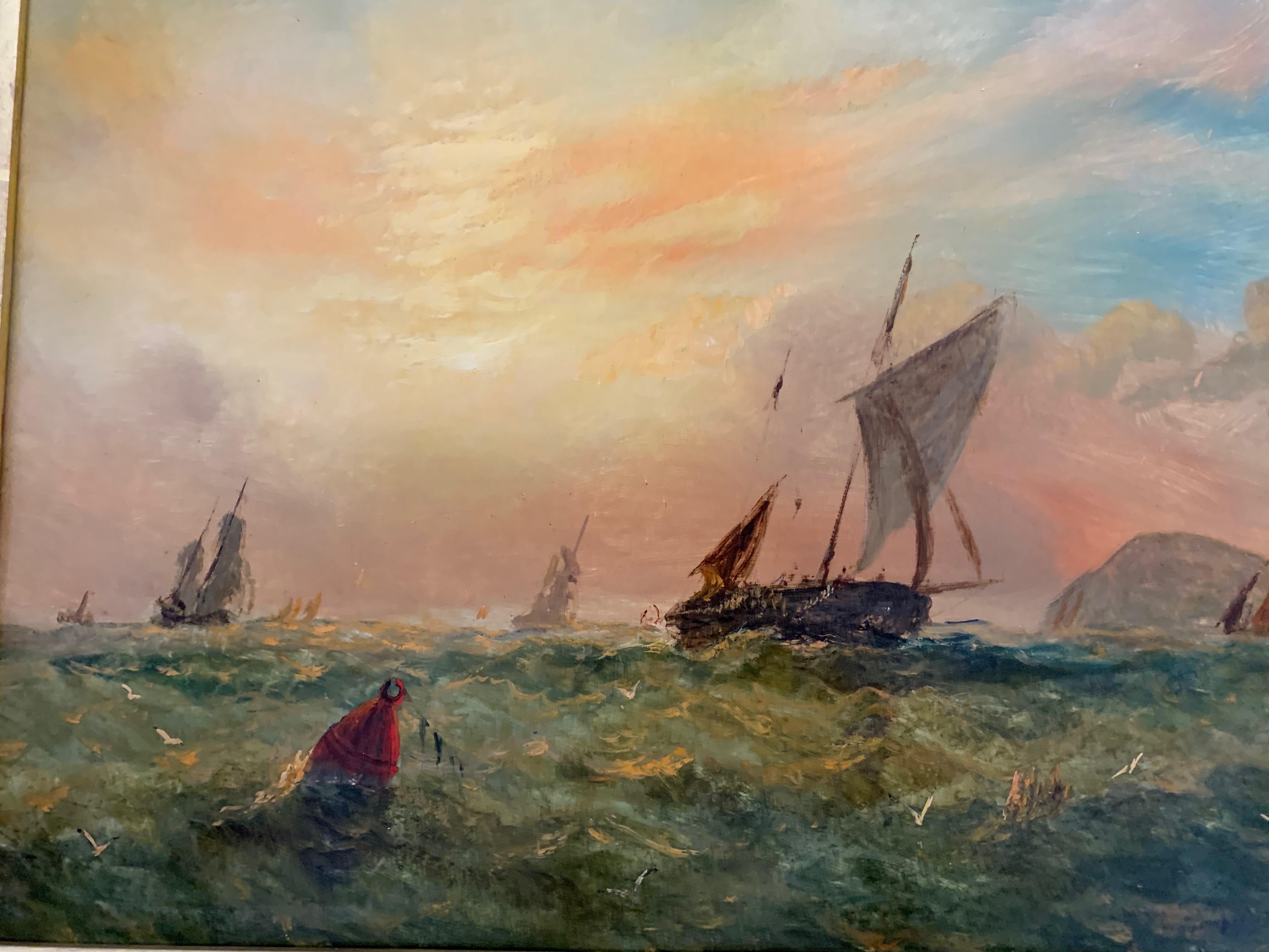 Voilier anglais victorien du 19ème siècle au large de la côte anglaise - Marron Figurative Painting par Adolphus Knell