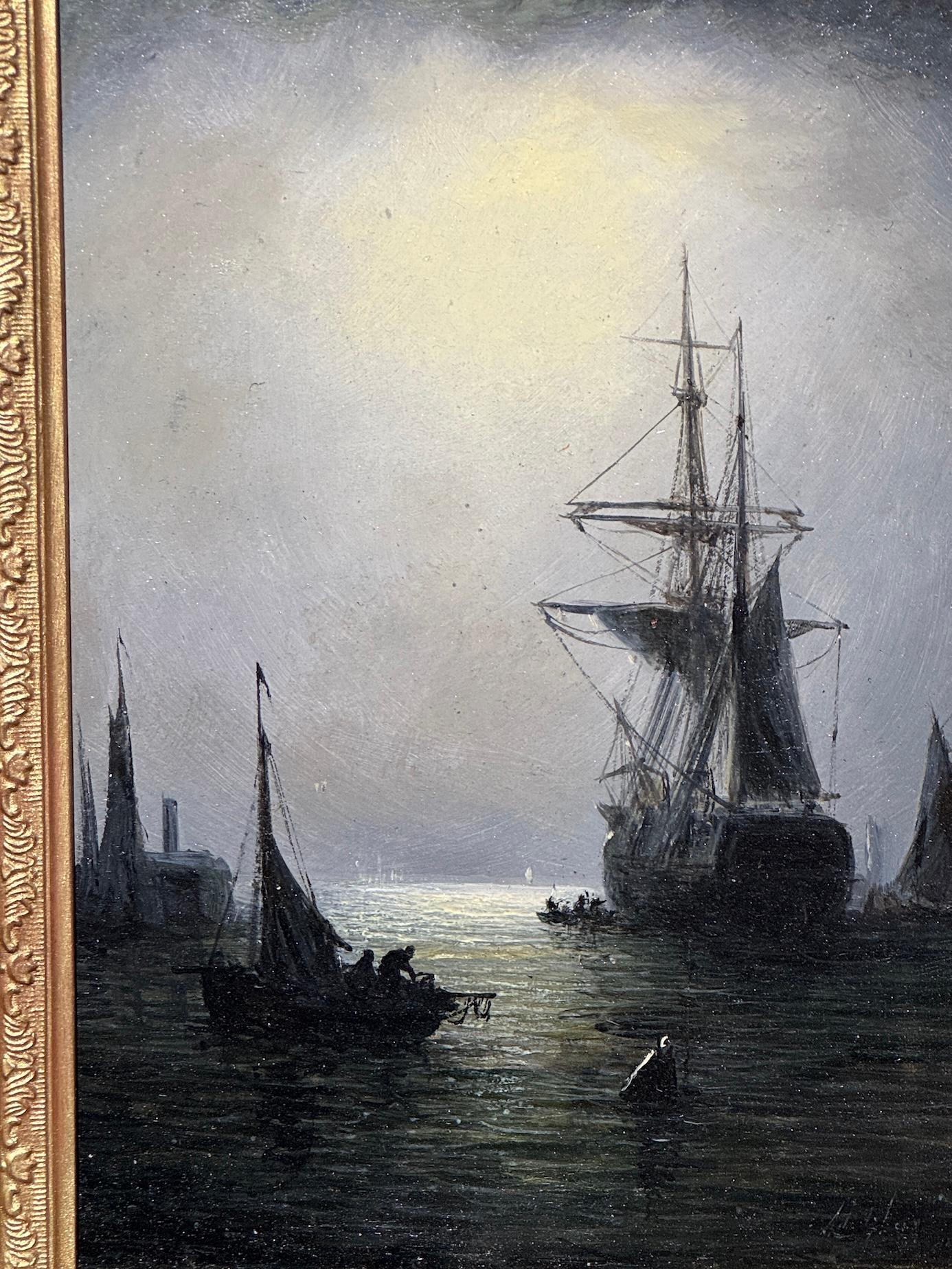 Victorian English marine with ships at anchor at Moonlight, Evening - Painting by Adolphus Knell