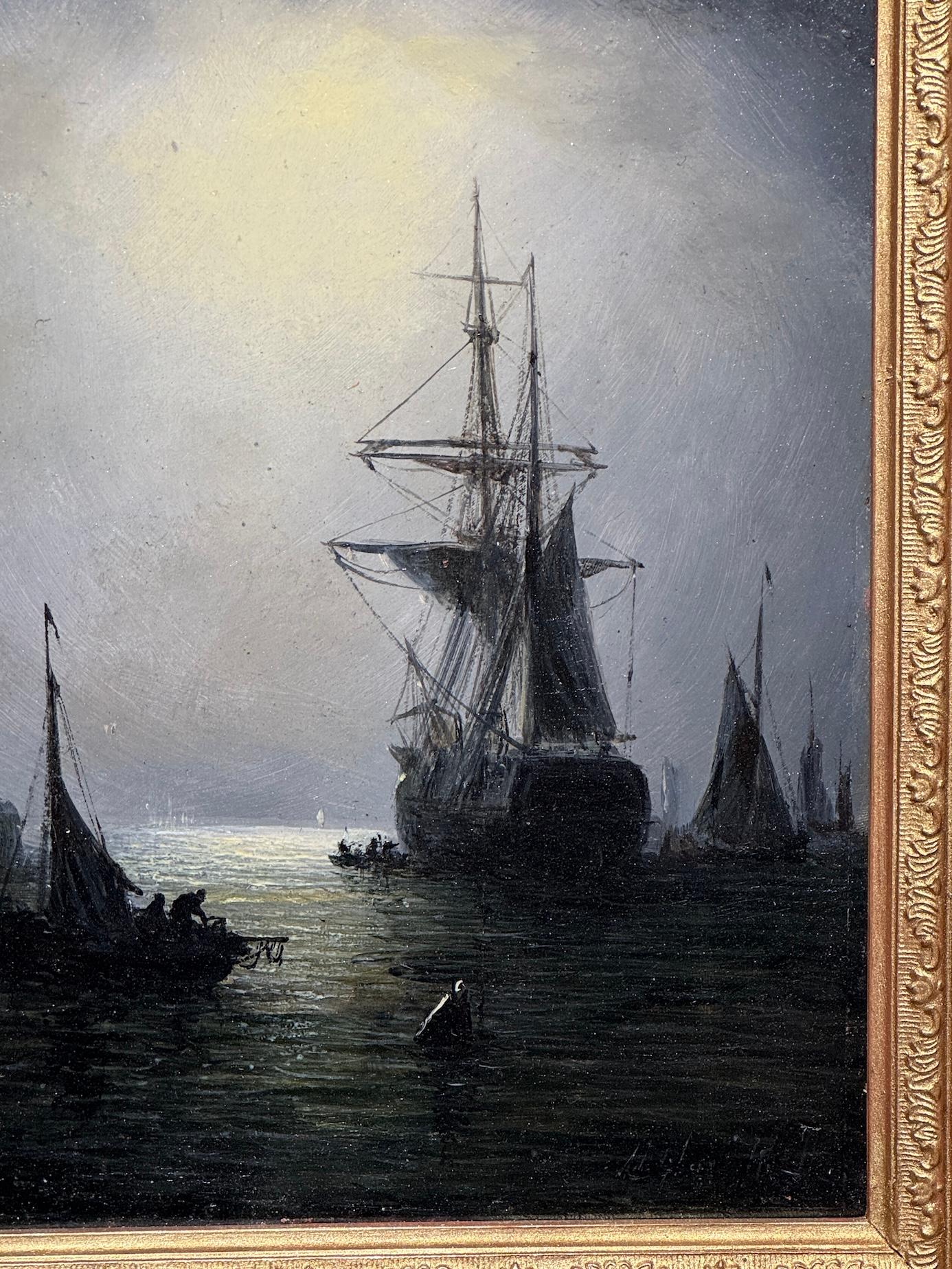 Victorian English marine with ships at anchor at Moonlight, Evening - Gray Figurative Painting by Adolphus Knell
