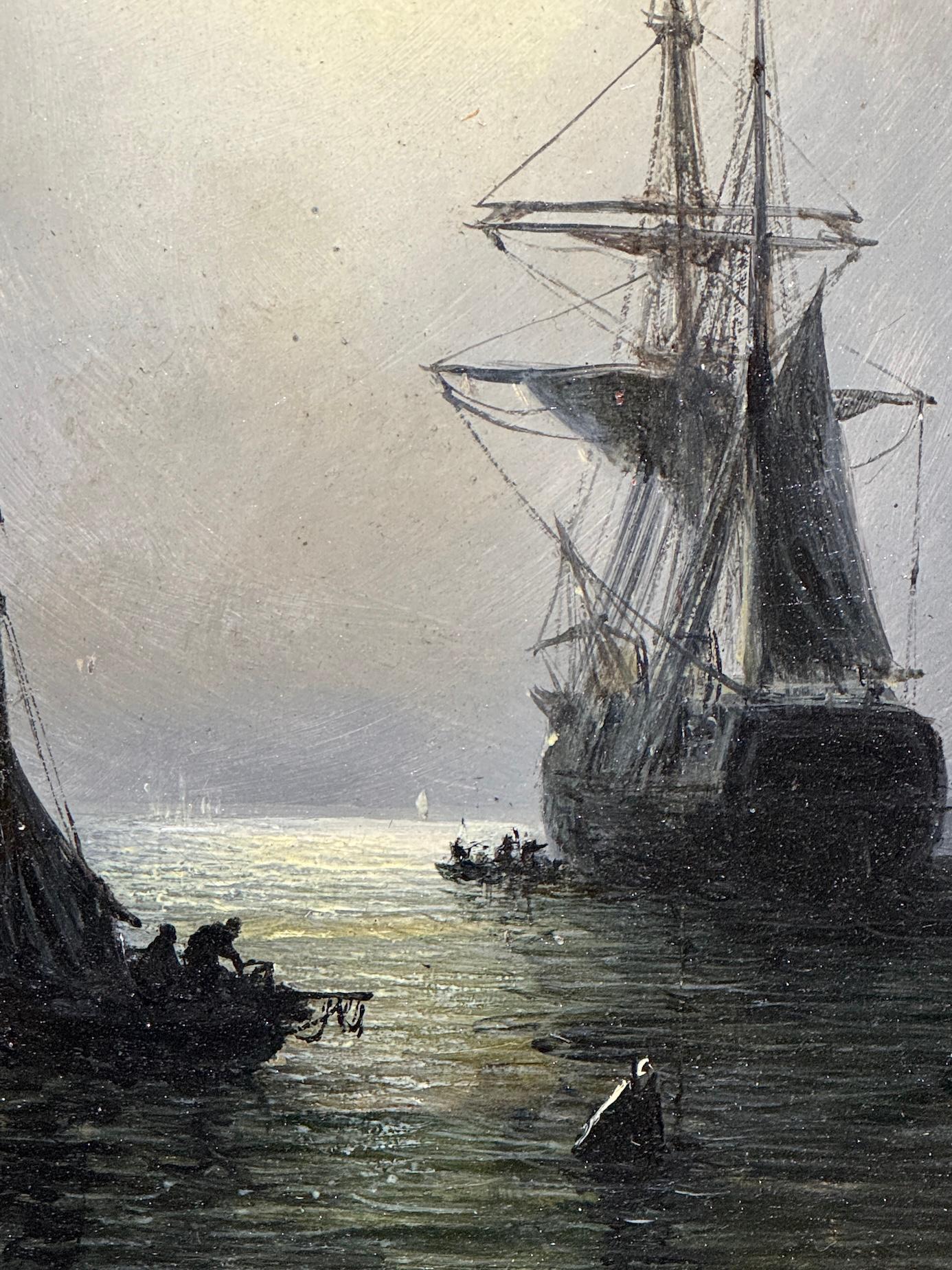 Adolphus Knell (British, 19th Century)
Moonlight Marine, circa 1890
Oil on board, signed lower right

This atmospheric marine by Adolphus Knell captures a tranquil nocturnal harbour scene bathed in soft lunar light. The artist, a member of the