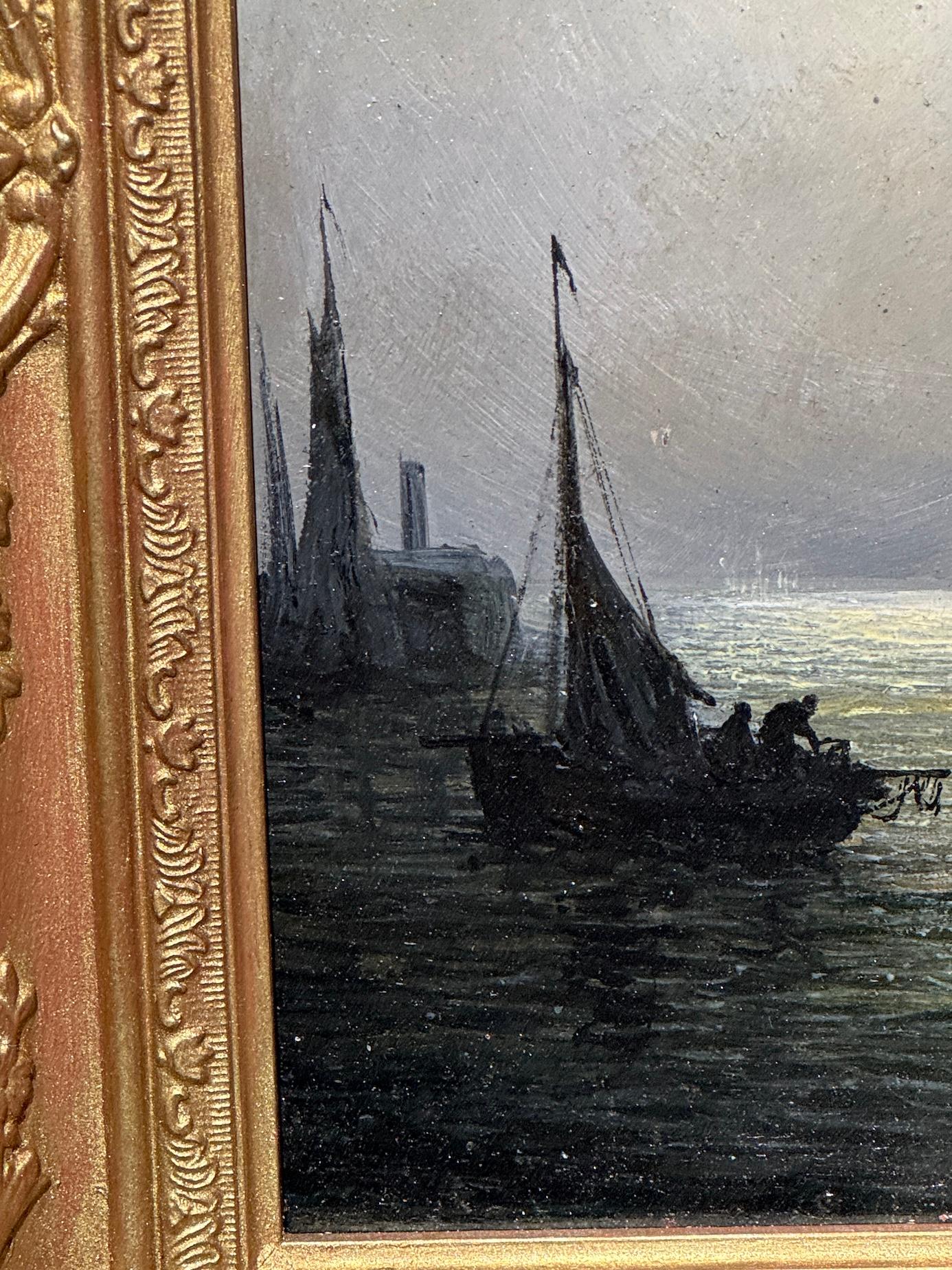 Victorian English marine with ships at anchor at Moonlight, Evening For Sale 1