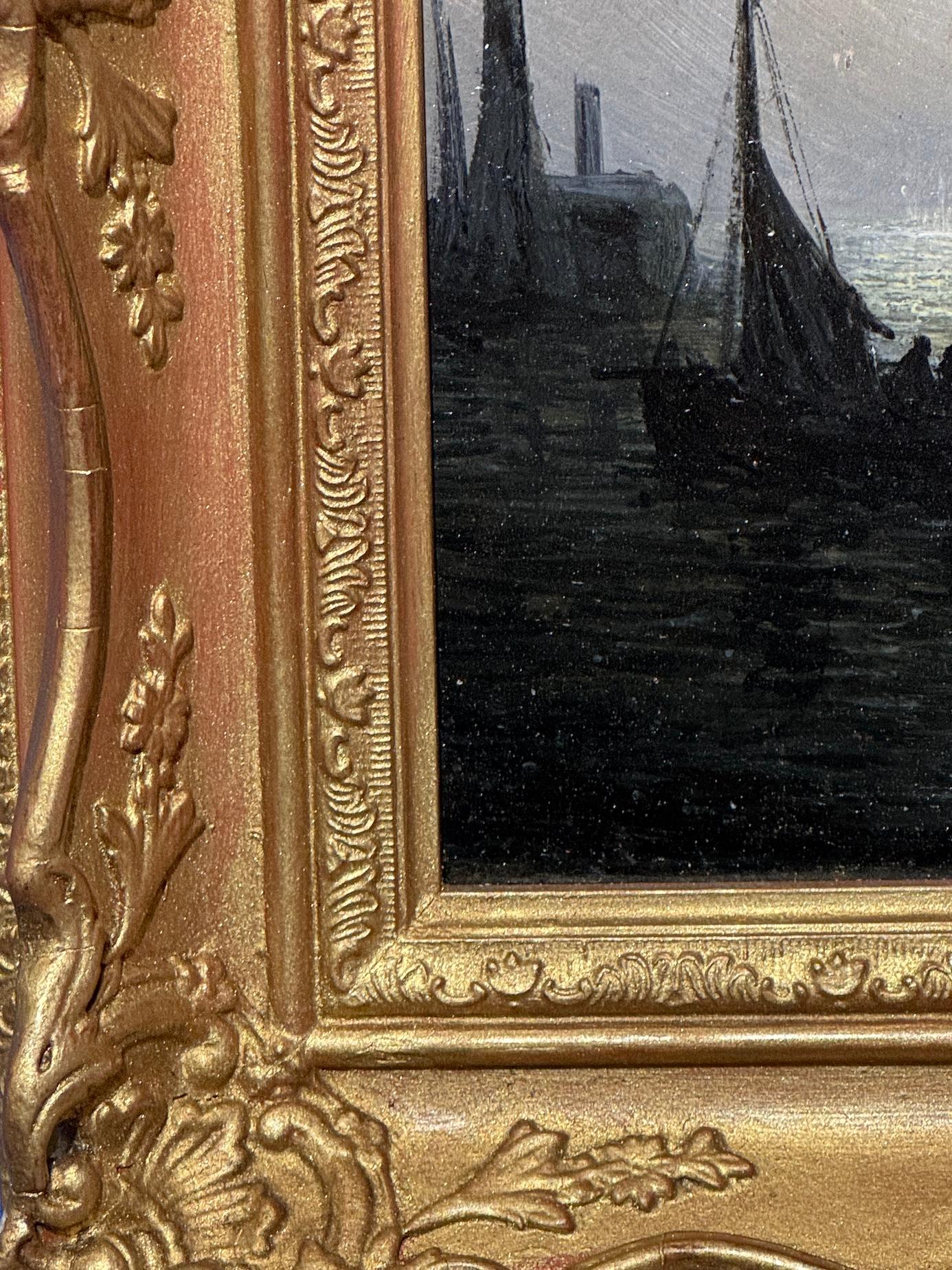 Victorian English marine with ships at anchor at Moonlight, Evening For Sale 2