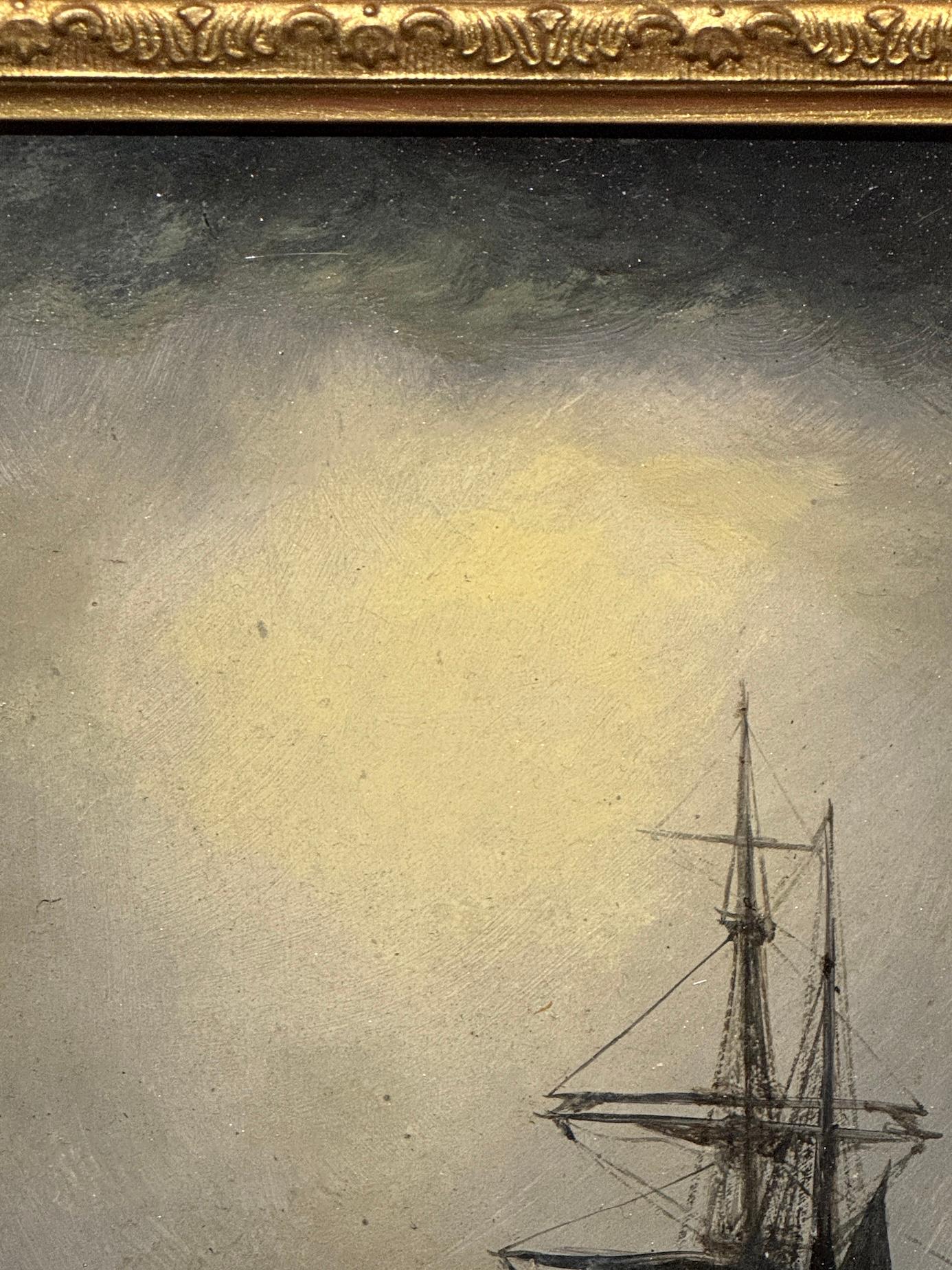 Victorian English marine with ships at anchor at Moonlight, Evening For Sale 4