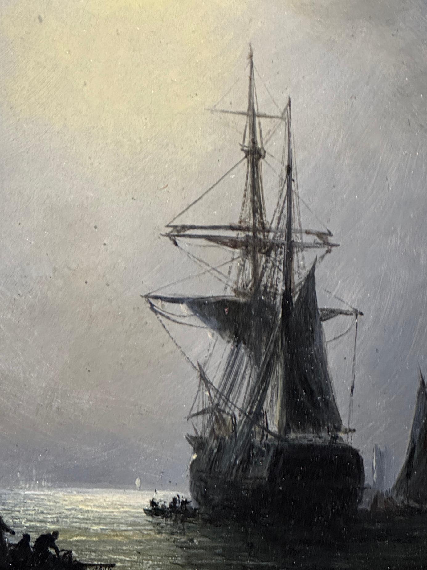Victorian English marine with ships at anchor at Moonlight, Evening For Sale 5