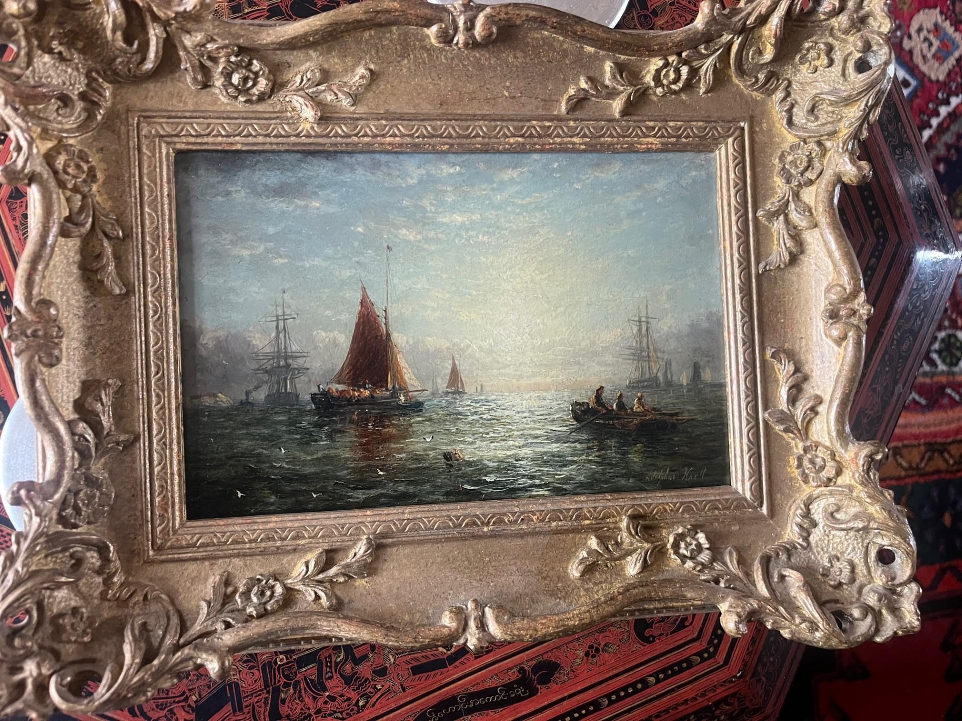 Pittura ad olio Marin vittoriana Tramonto con navi e barche a remi al largo della costa - Art Vittoriano di Adolphus Knell