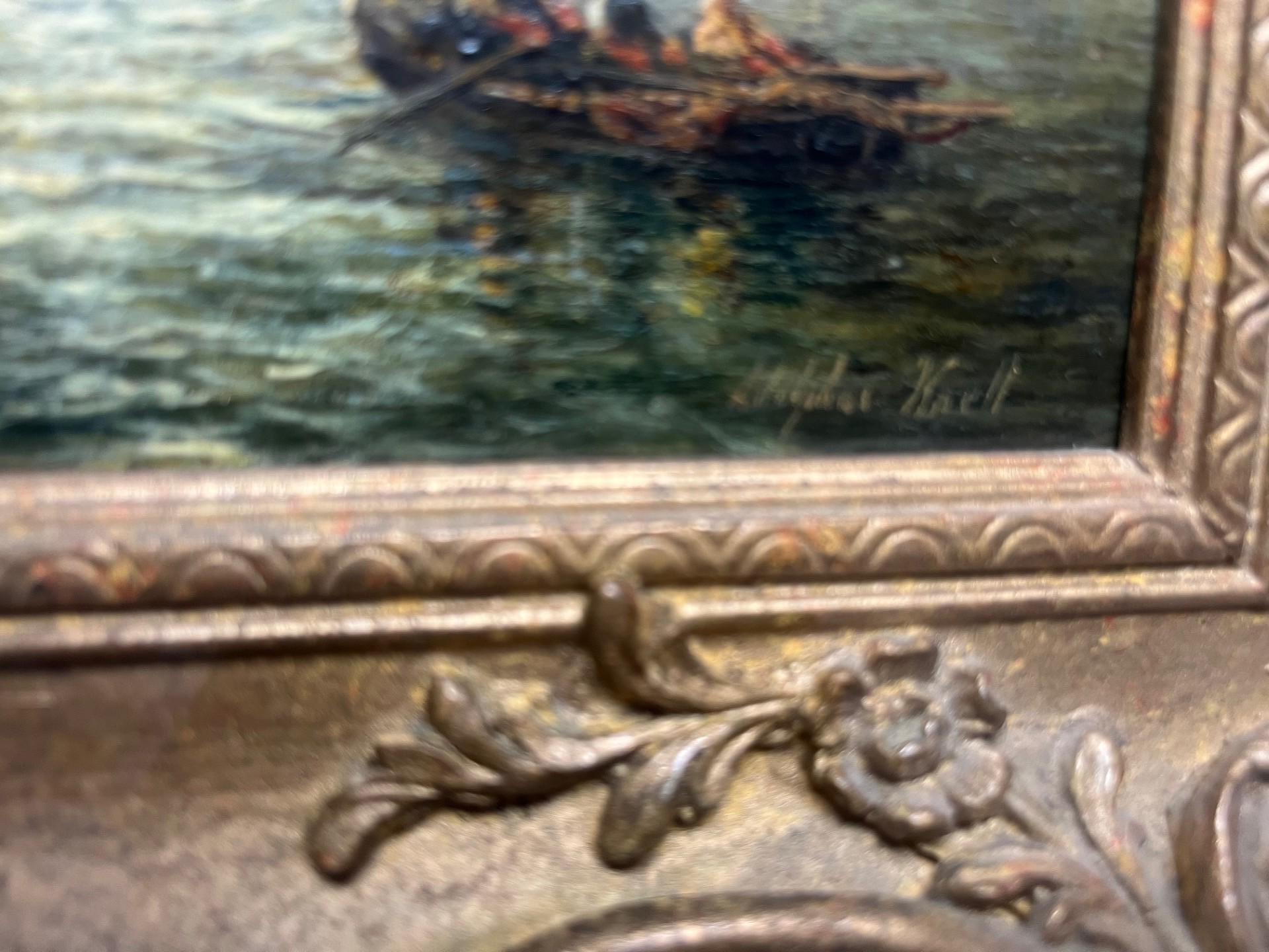Pittura a olio vittoriana di Marin con scena di tramonto e barche a remi che tornano a riva alla fine della giornata.  Un bellissimo olio su pannello incorniciato in una cornice d'oro tradizionale fatta a mano da Adolphus Knell, uno dei famosi