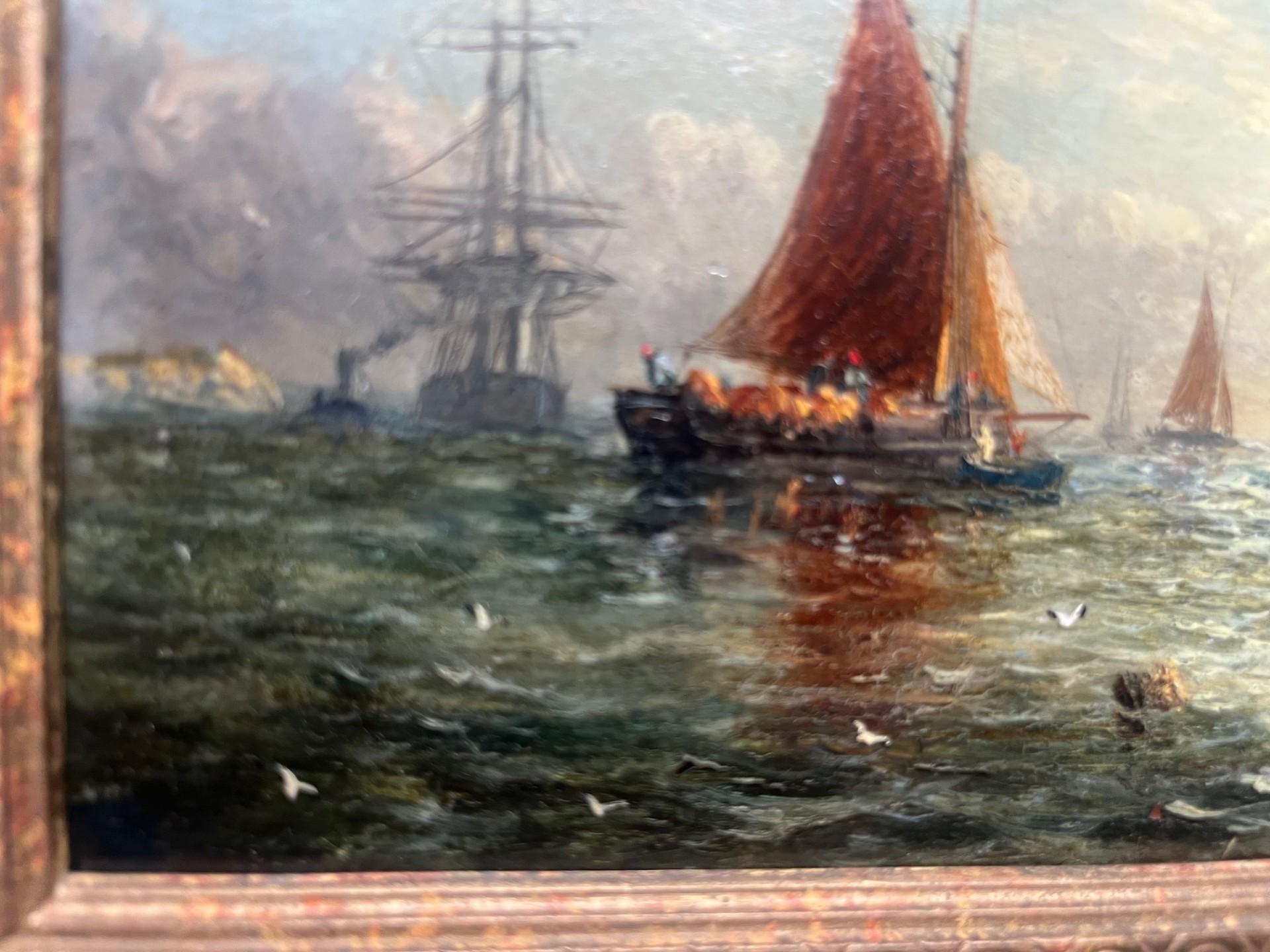 Pittura ad olio Marin vittoriana Tramonto con navi e barche a remi al largo della costa in vendita 1