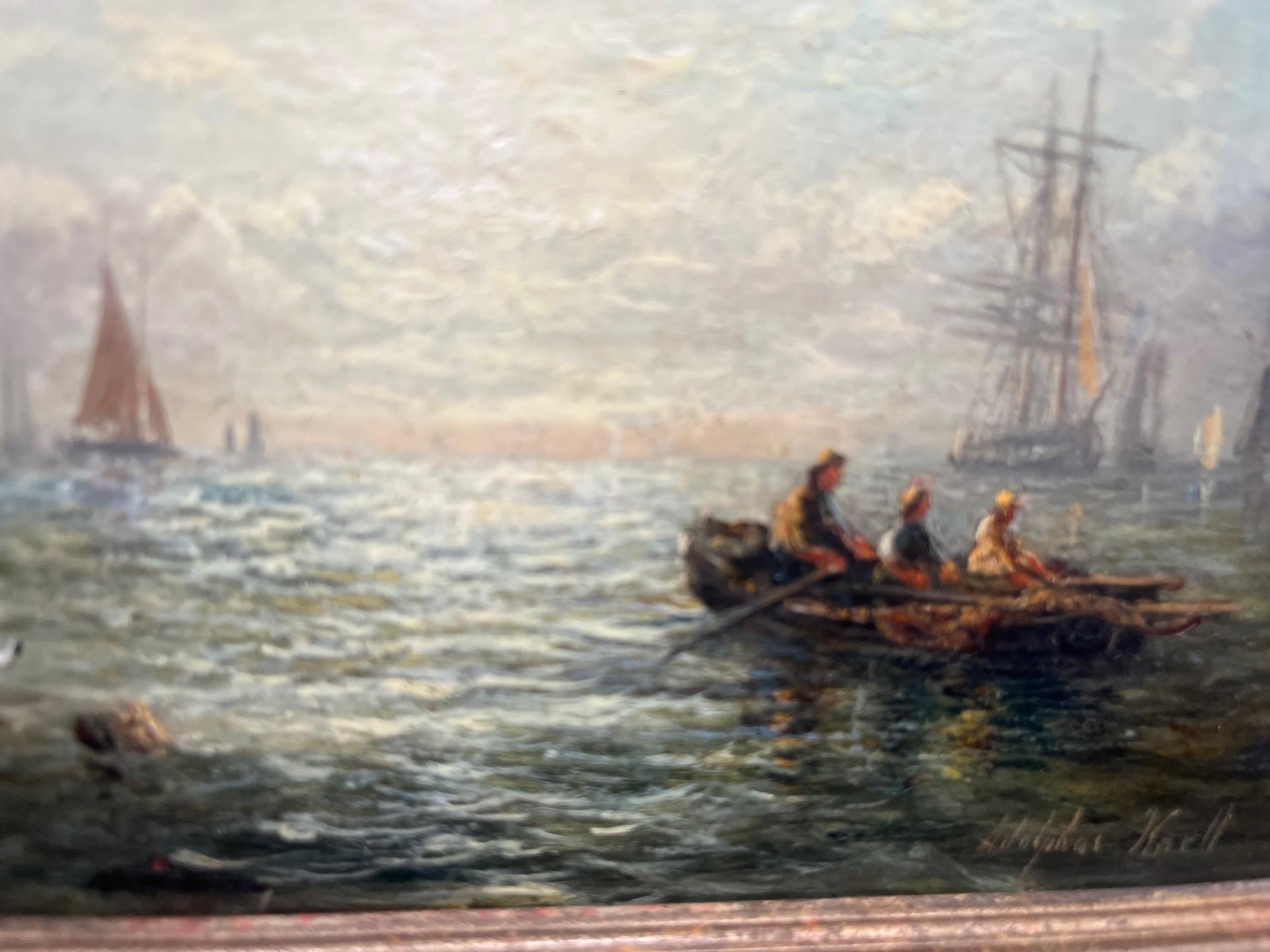 Pittura ad olio Marin vittoriana Tramonto con navi e barche a remi al largo della costa in vendita 2