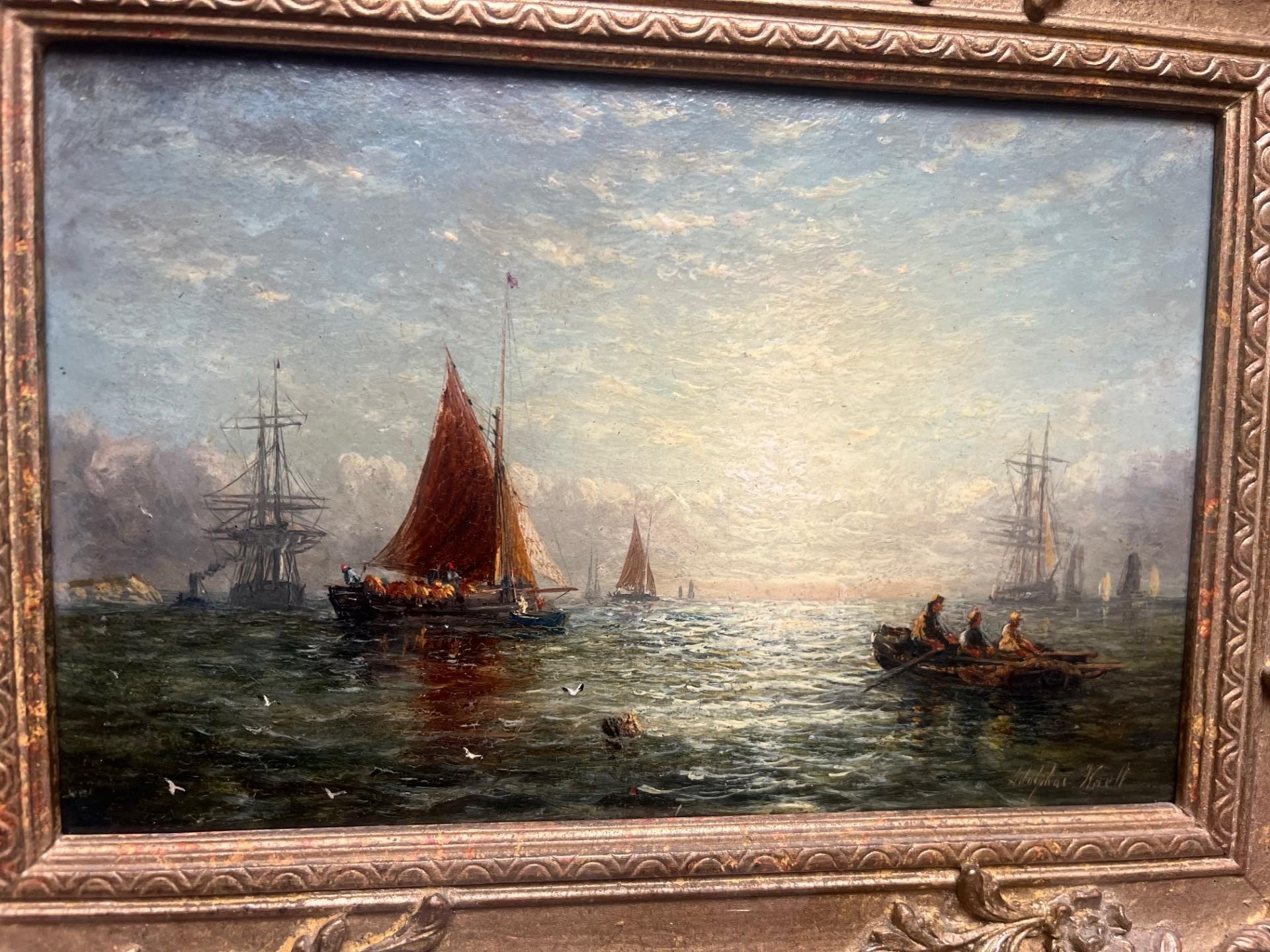 Pittura ad olio Marin vittoriana Tramonto con navi e barche a remi al largo della costa in vendita 3