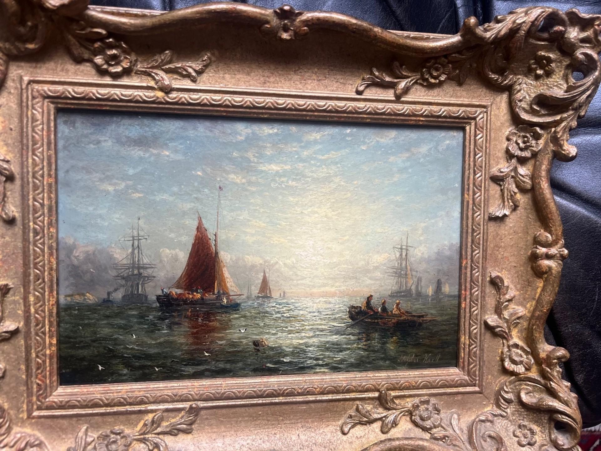Pittura ad olio Marin vittoriana Tramonto con navi e barche a remi al largo della costa in vendita 4