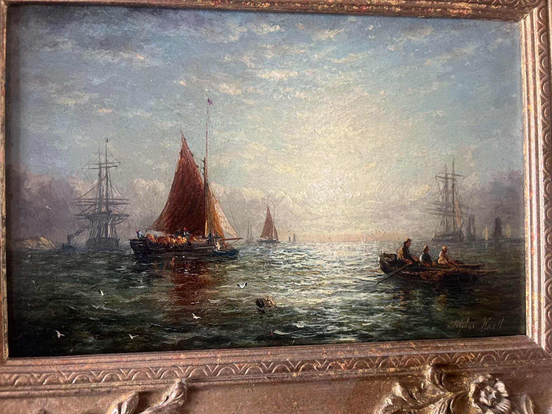 Pittura ad olio Marin vittoriana Tramonto con navi e barche a remi al largo della costa in vendita 5