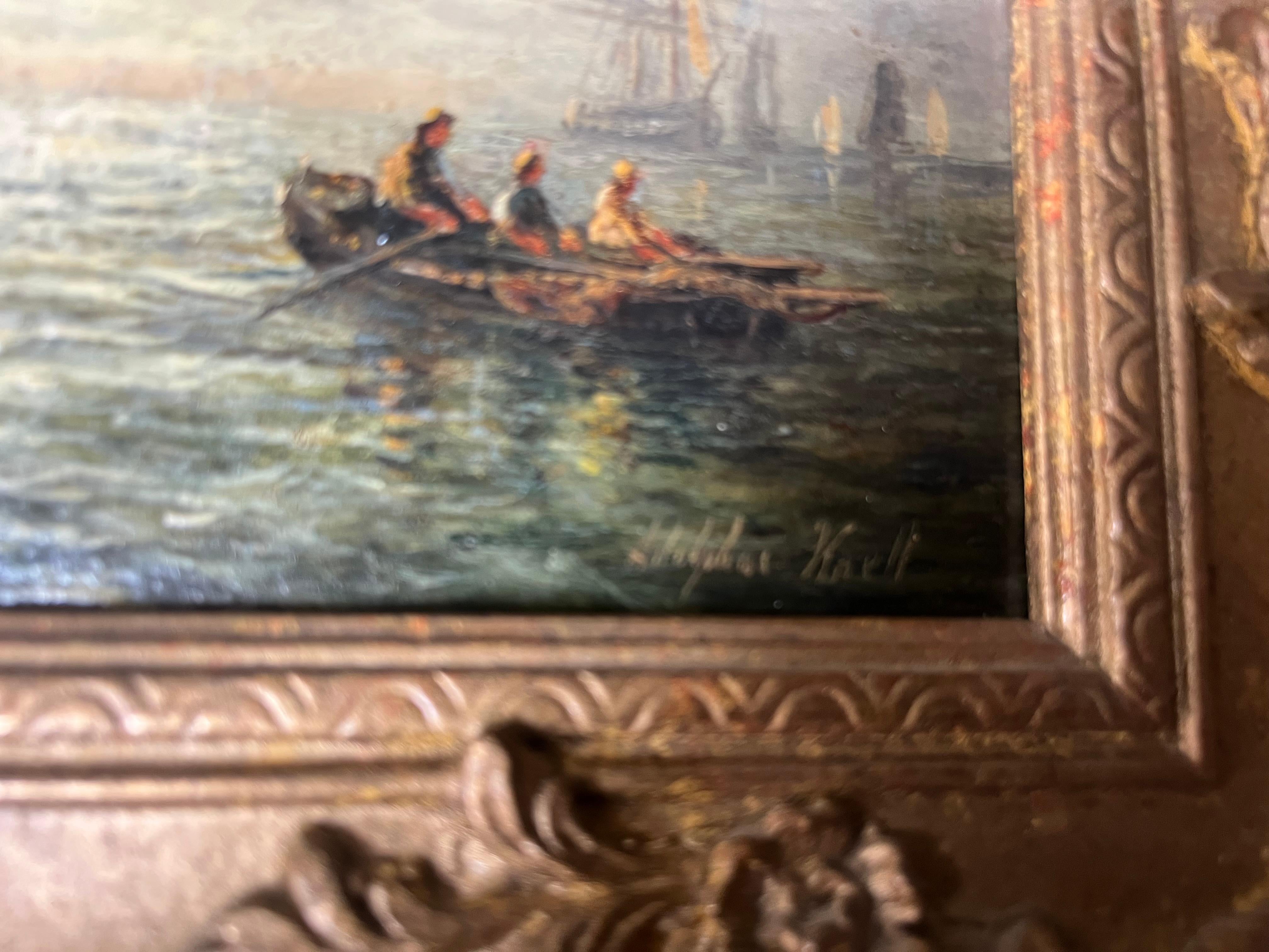 Peinture à l'huile de marine victorienne Coucher de soleil avec navigation et bateaux à rames au large de la côte en vente 6