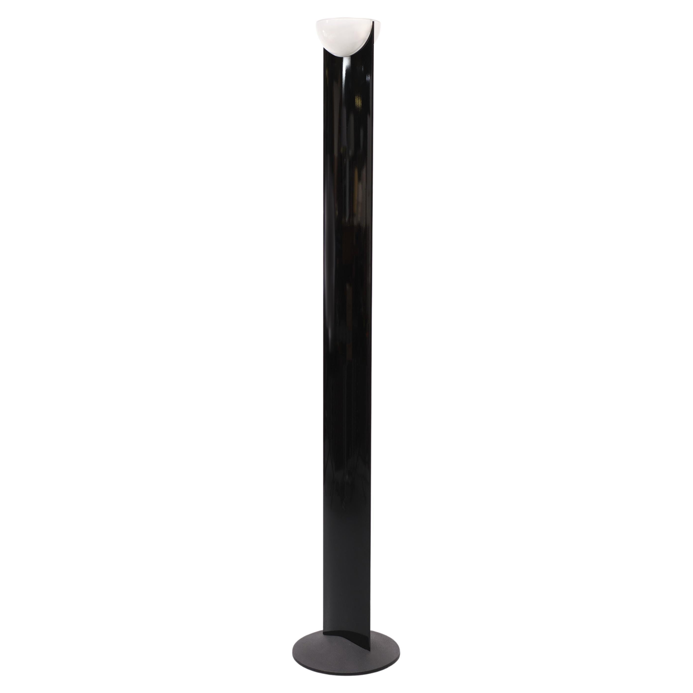 Superb Adonis halogen floor lamp by Gianfranco Frattini for Italian manufacturer Luci Italia in the 1980s . Murano frosted glass bowl form shade enclosing a conforming pierced metal light damper, on an elliptical glossy black laquered steel