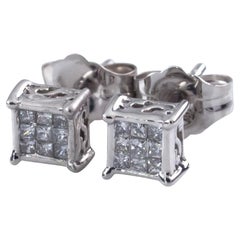 Adorable 14k White Gold 0.25 Carat Princess Cut Diamond Plaque Stud Earrings