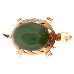 Adorable 14k Yellow Gold Turtle Brooch with Jade Cabochon