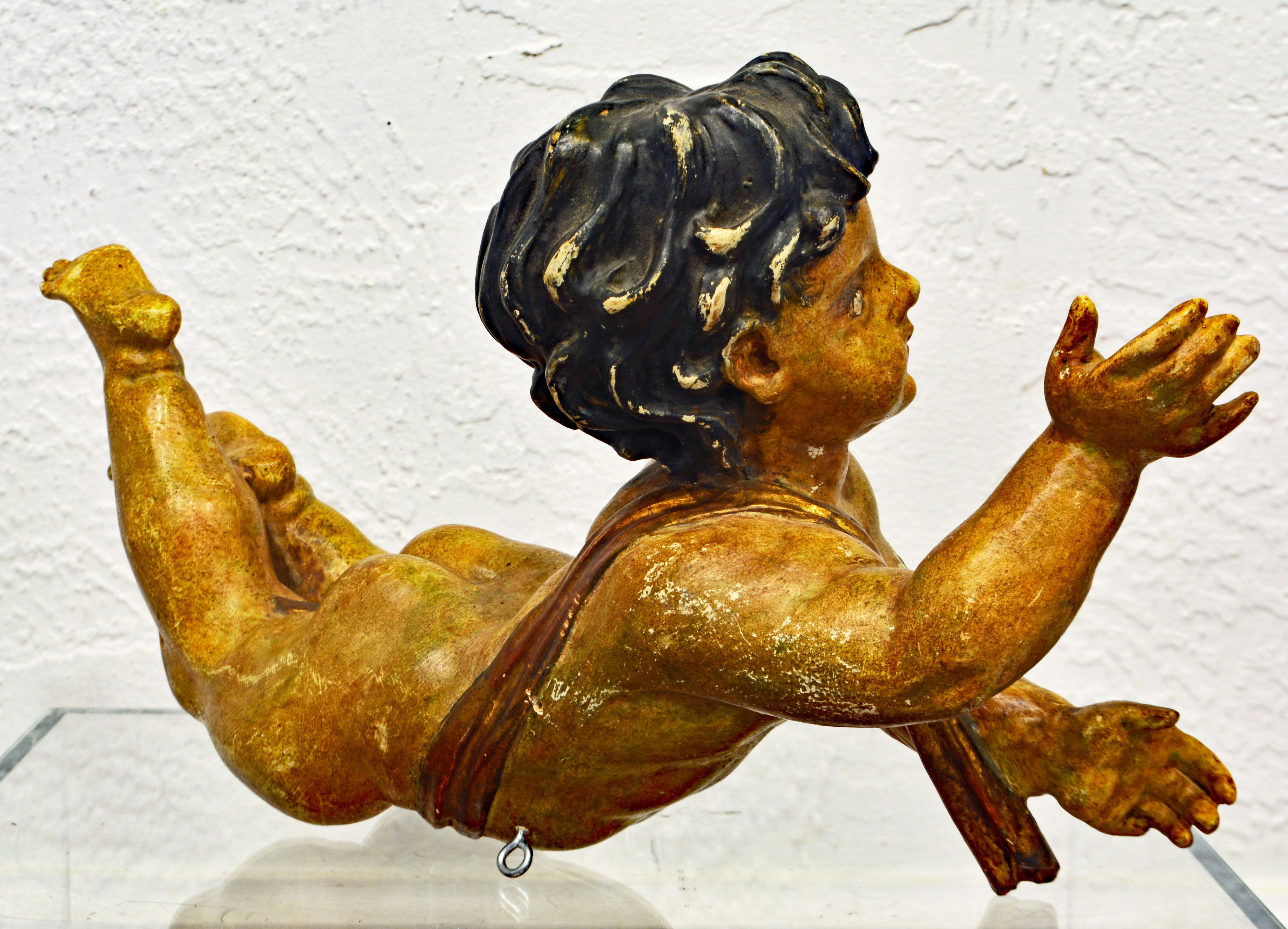 Hand-Carved Adorable 19th C. Italian Baroque Style Carved Giltwood and Paint Putti Figure