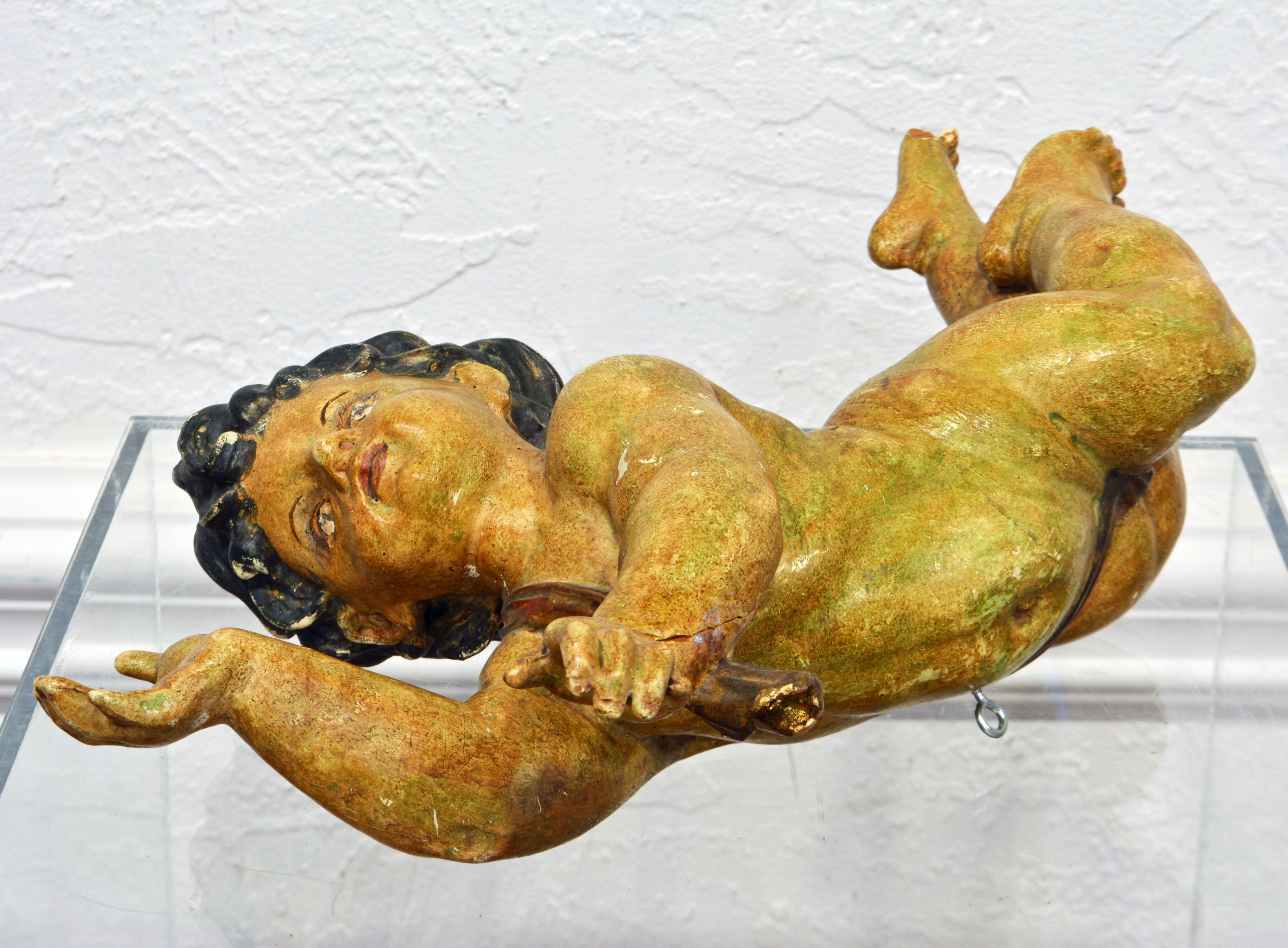19th Century Adorable 19th C. Italian Baroque Style Carved Giltwood and Paint Putti Figure