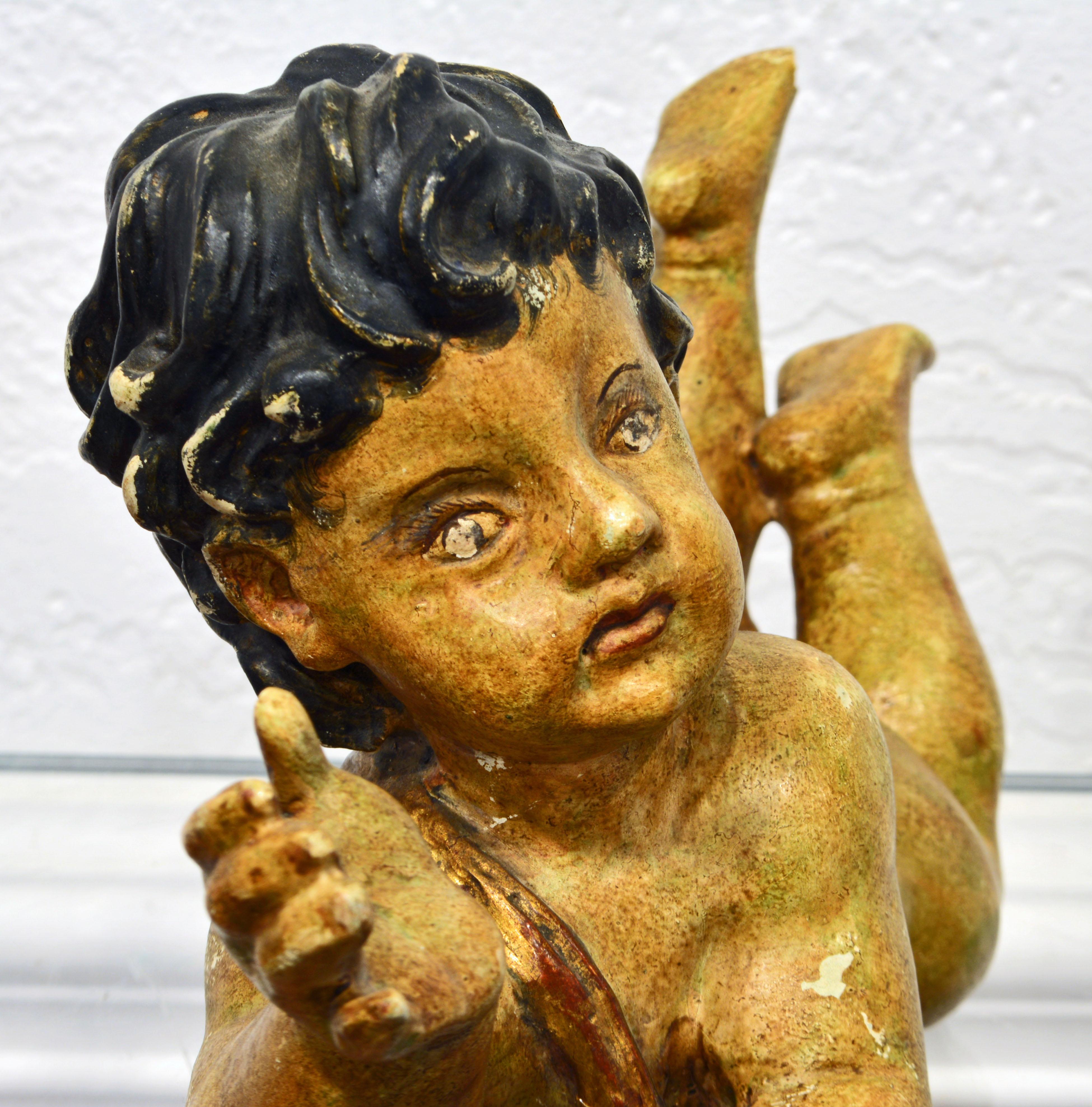 Adorable 19th C. Italian Baroque Style Carved Giltwood and Paint Putti Figure 1