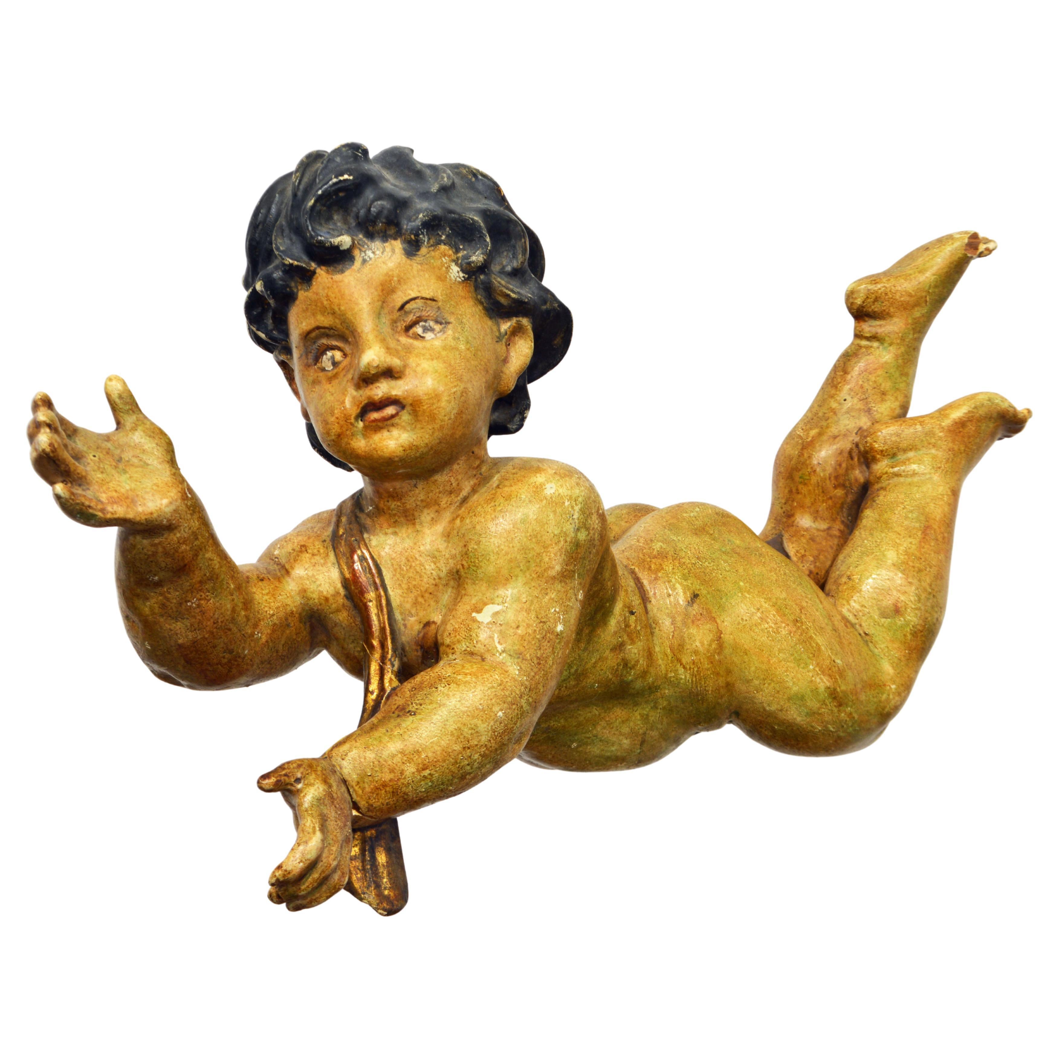 Adorable 19th C. Italian Baroque Style Carved Giltwood and Paint Putti Figure