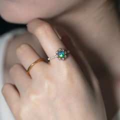 Adorable Australian Black Opal Halo Diamond Engagement Ring 14K Yellow Gold