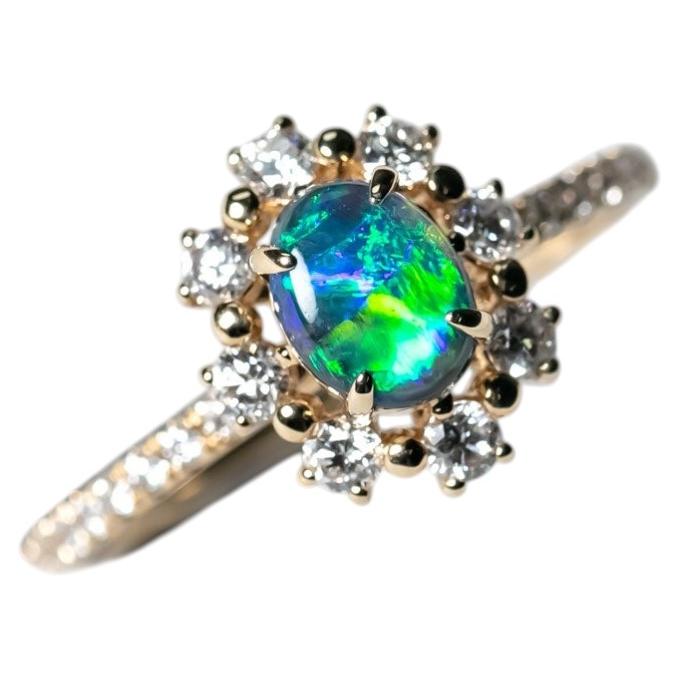 Stunning Australian Black Opal Halo Diamond Engagement Ring 14K Yellow Gold For Sale