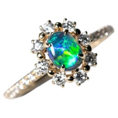 Adorable Australian Black Opal Halo Diamond Engagement Ring 14K Yellow Gold
