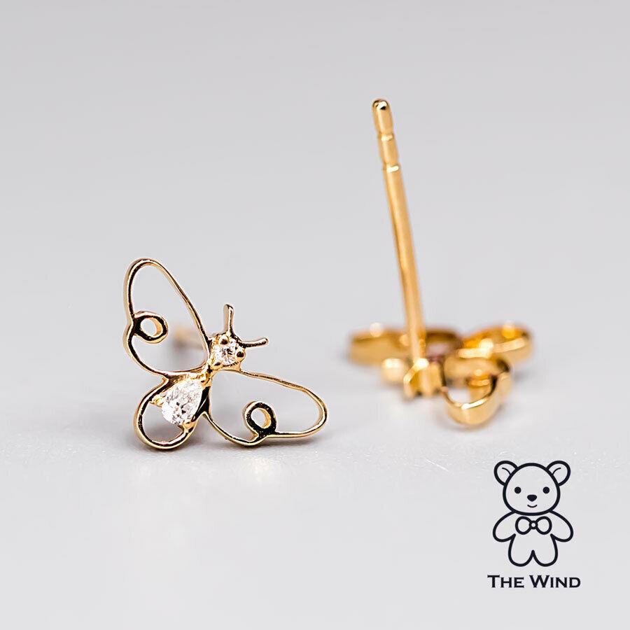 Artist Adorable Bee Diamond Stud Earrings 18K Yellow Gold Stylish Earrings