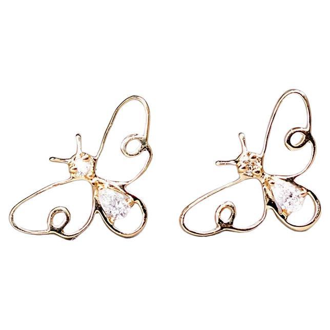 Adorable Bee Diamond Stud Earrings 18K Yellow Gold Stylish Earrings For Sale