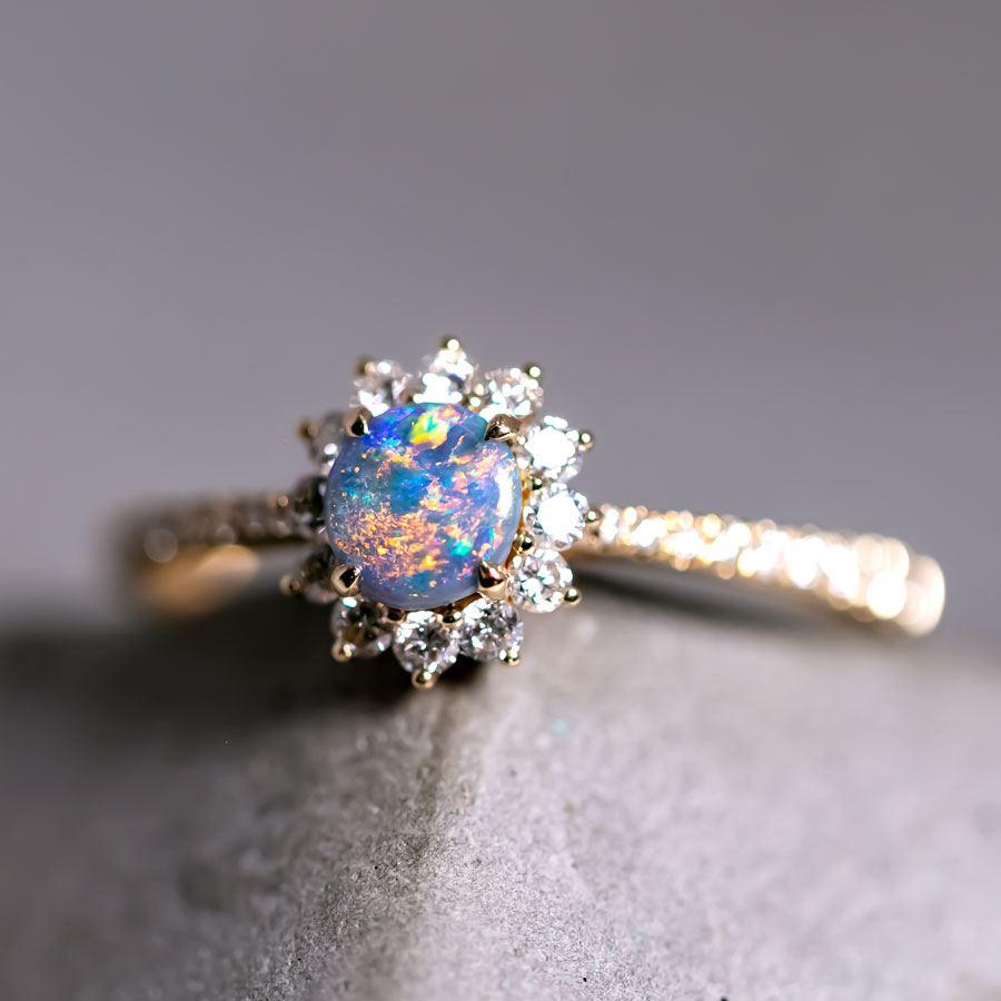 Arts and Crafts Adorable Black Opal Halo Diamond Engagement Ring 18K Yellow Gold For Sale