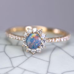 Adorable Australian Black Opal Halo Diamond Engagement Ring 18K Yellow Gold