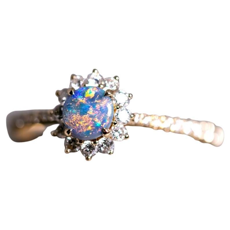 Adorable Black Opal Halo Diamond Engagement Ring 18K Yellow Gold