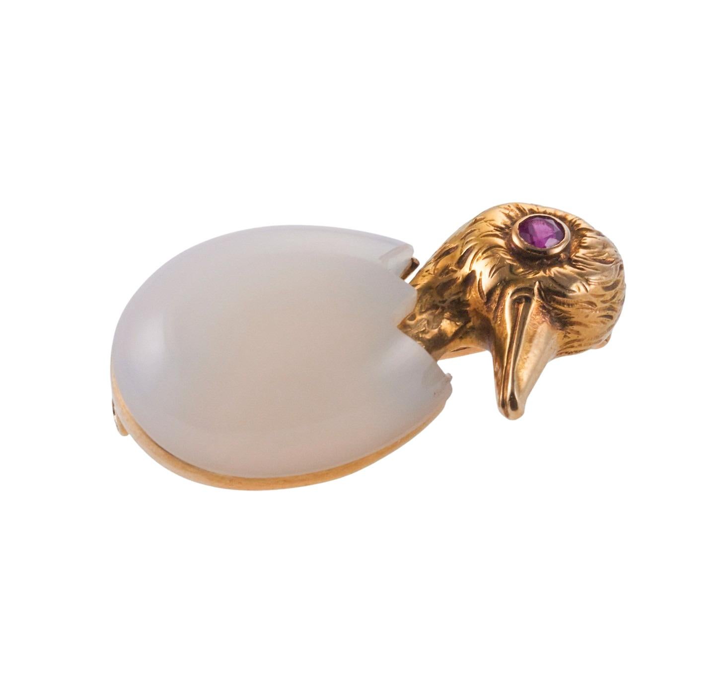 Adorable Cartier Chalcedony Ruby Gold Duckling in an Egg Brooch 1