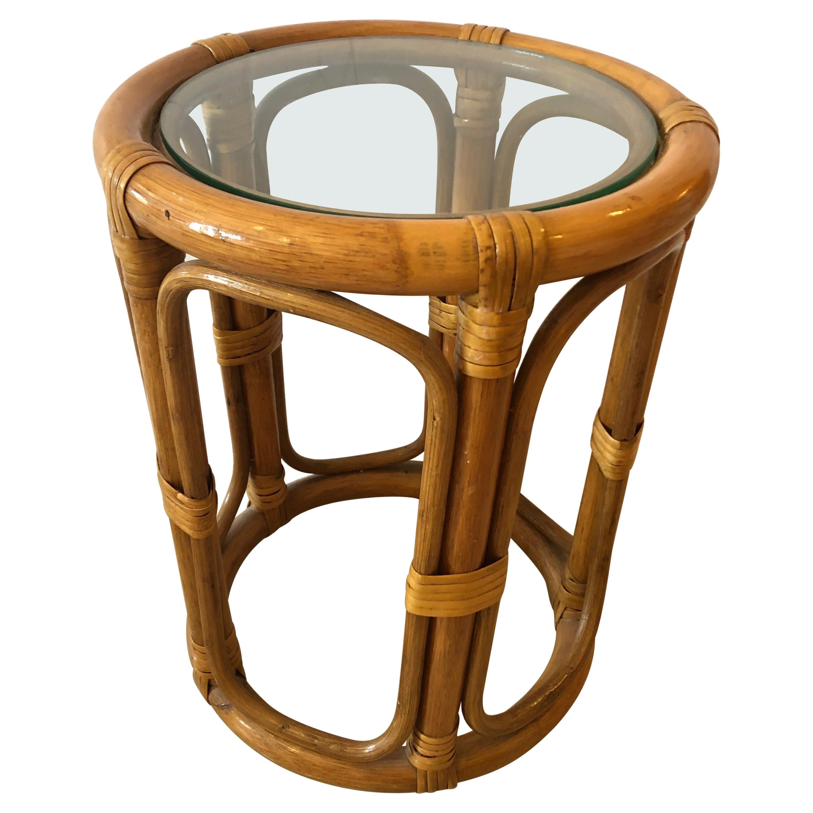 Adorable Chic Little Round Bamboo Rattan Drinks Table