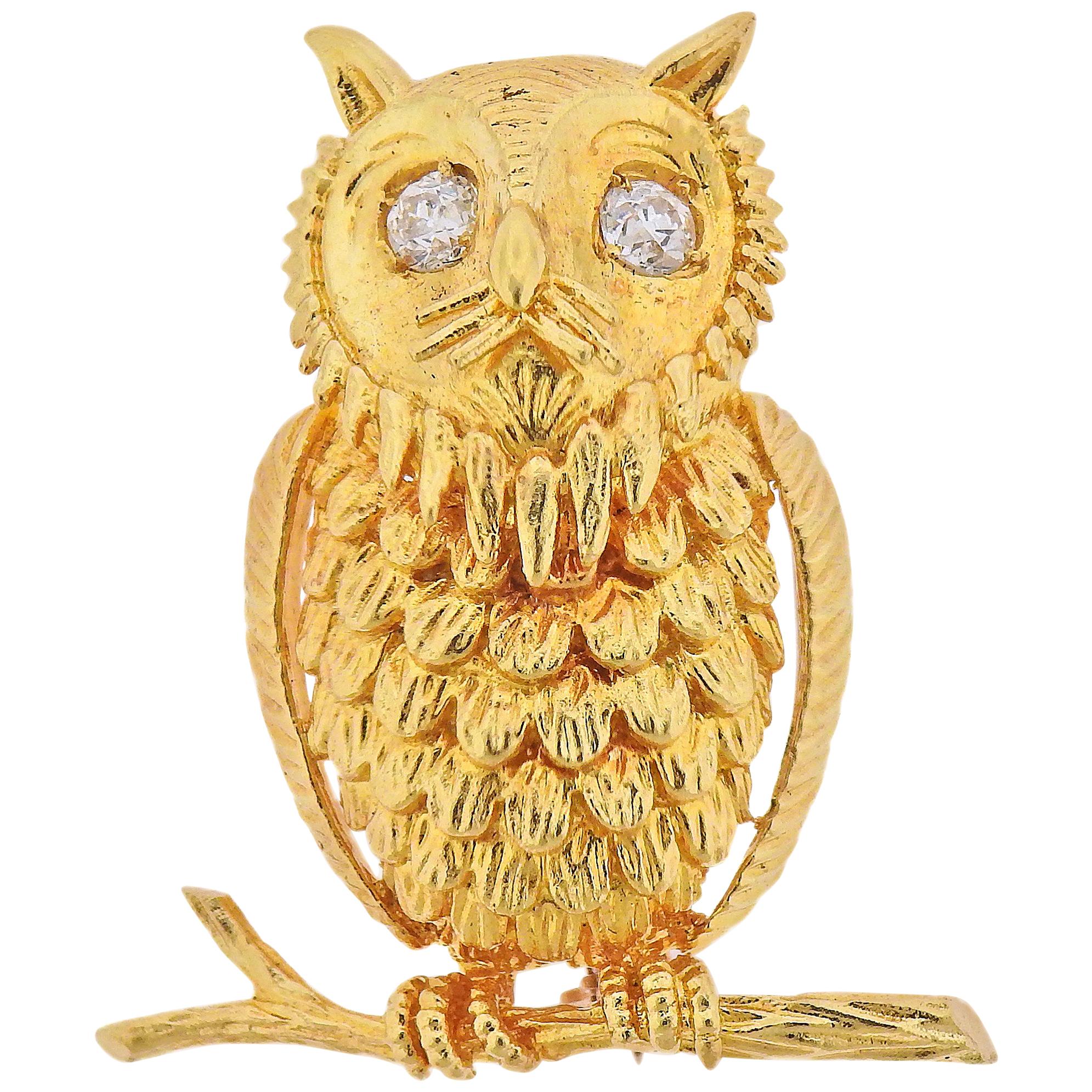 Adorable Diamond Yellow Gold Owl Brooch For Sale