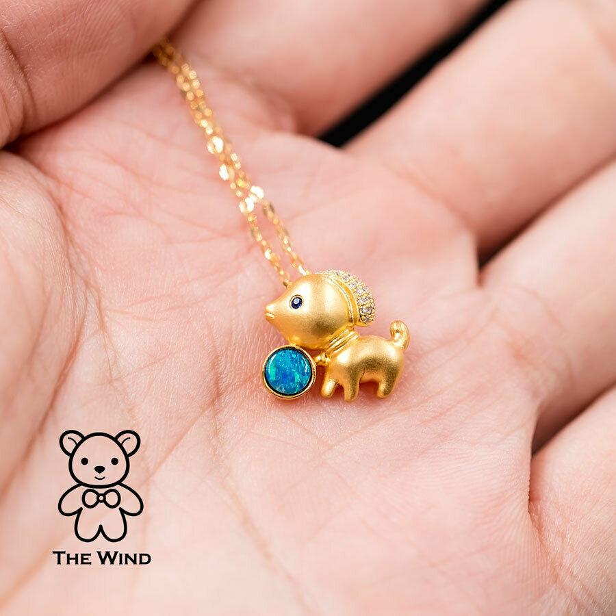 Artist Adorable Dog Australian Doublet Opal, Diamond, Sapphire Pendant Necklace 18K For Sale