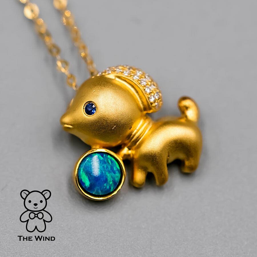 Adorable collier pendentif chien australien doublet opale, diamant, saphir 18 carats Neuf - En vente à Suwanee, GA