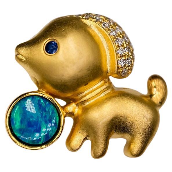 Adorable collier pendentif chien australien doublet opale, diamant, saphir 18 carats en vente