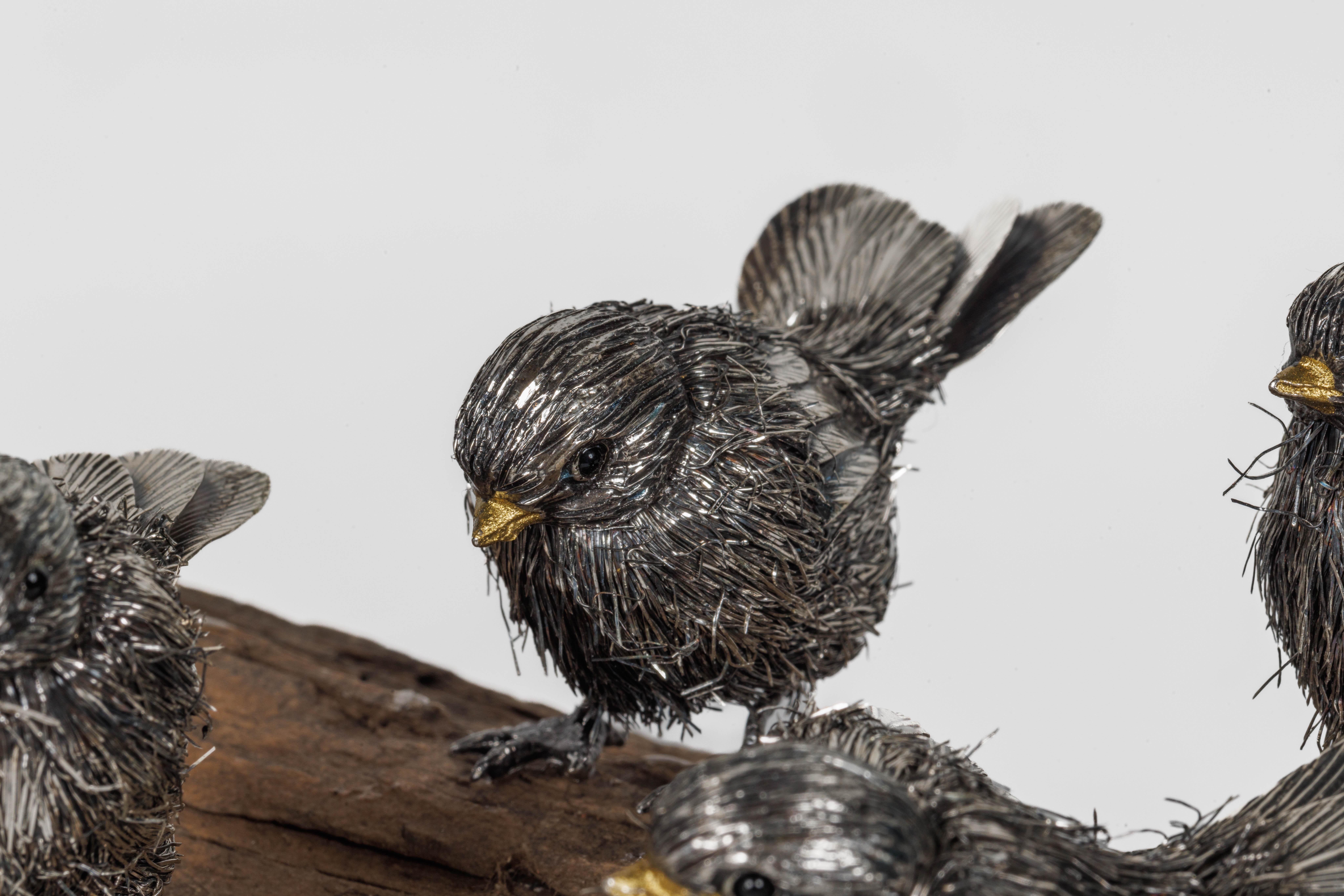 Adorable Family of Six Buccellati Sterling Silver Furry Chicks on Petrified Wood For Sale 7