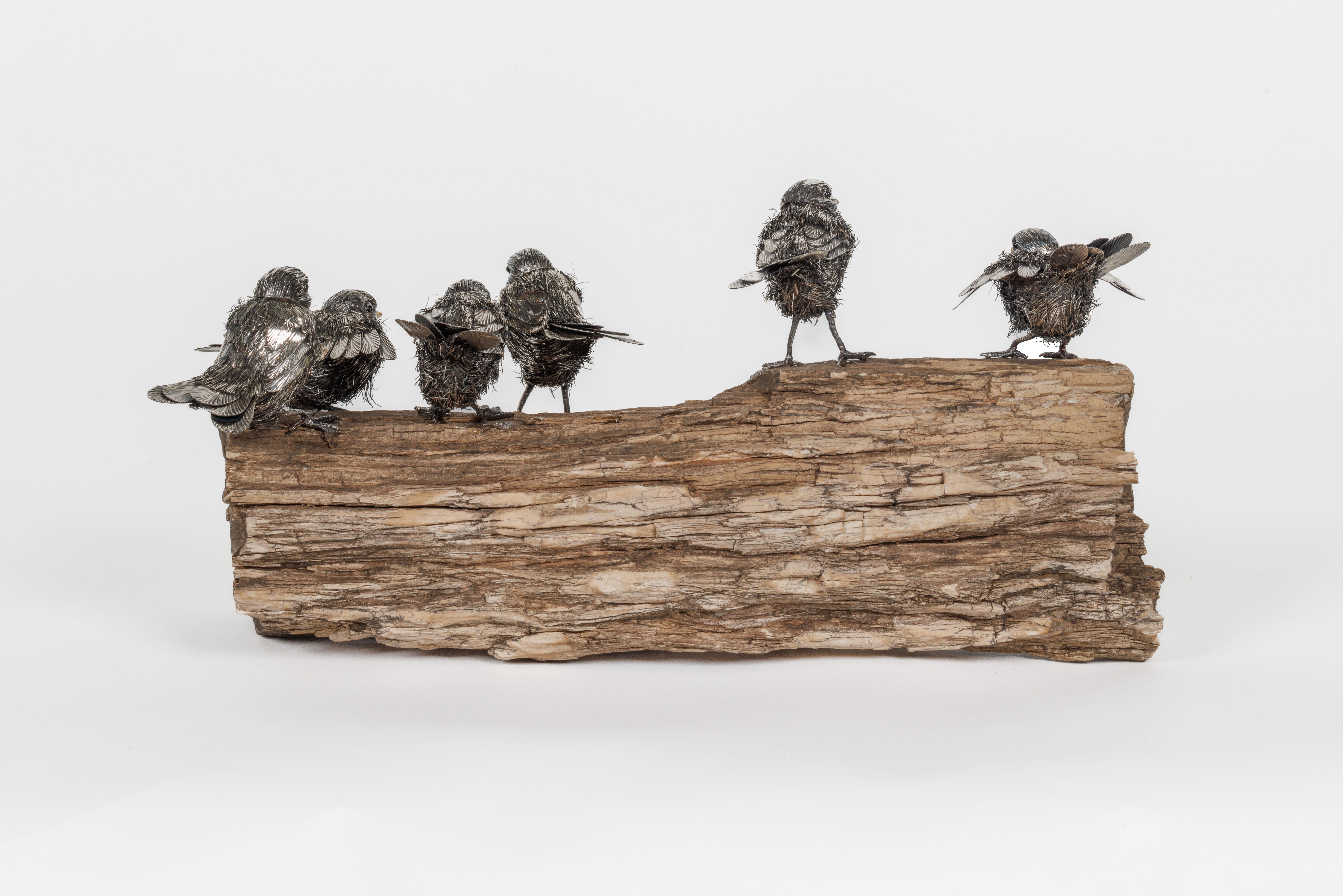 italien Adorable famille de six coqs Buccellati en argent sterling sur bois pétrifié en vente