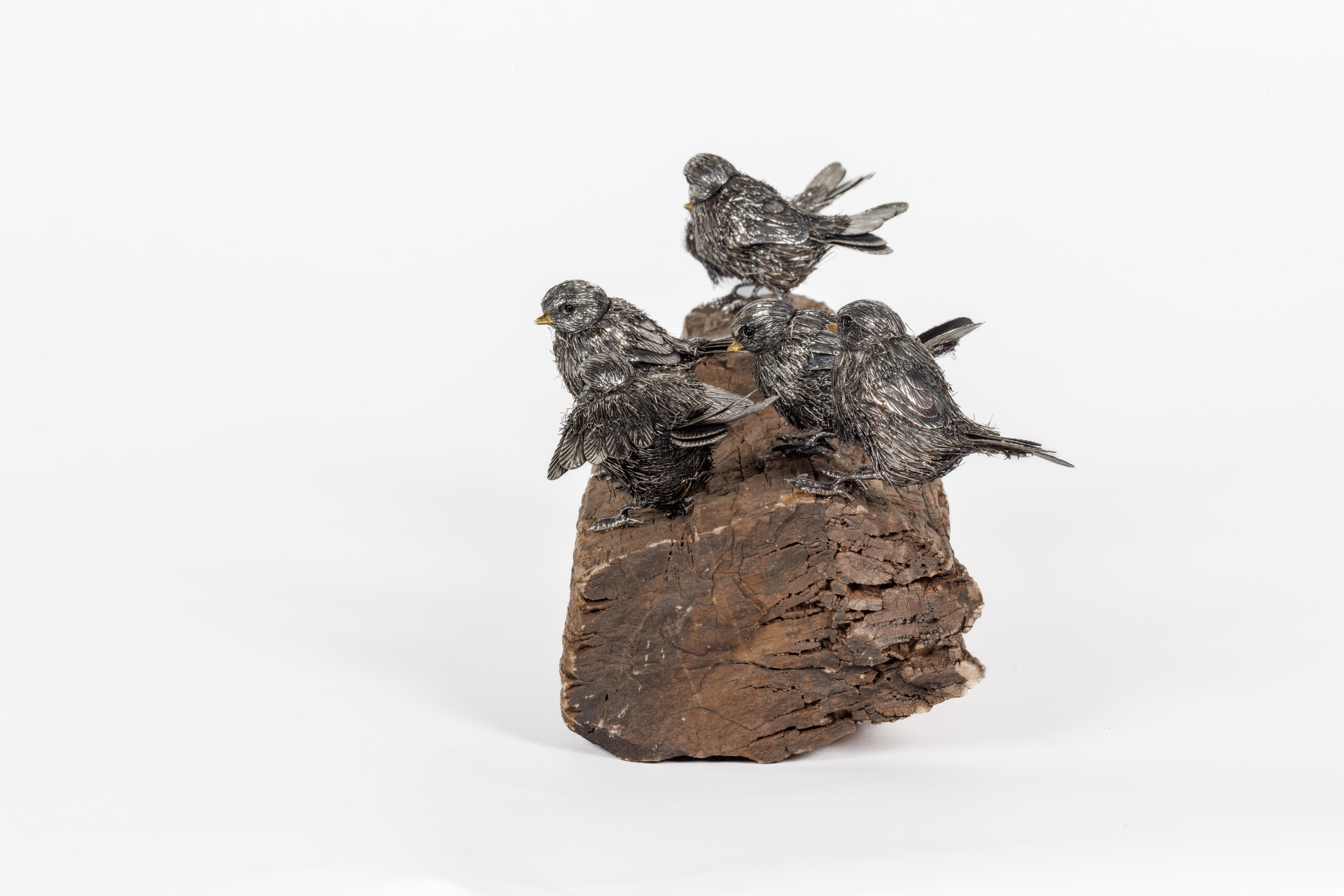 Women's or Men's Adorable Family of Six Buccellati Sterling Silver Furry Chicks on Petrified Wood For Sale