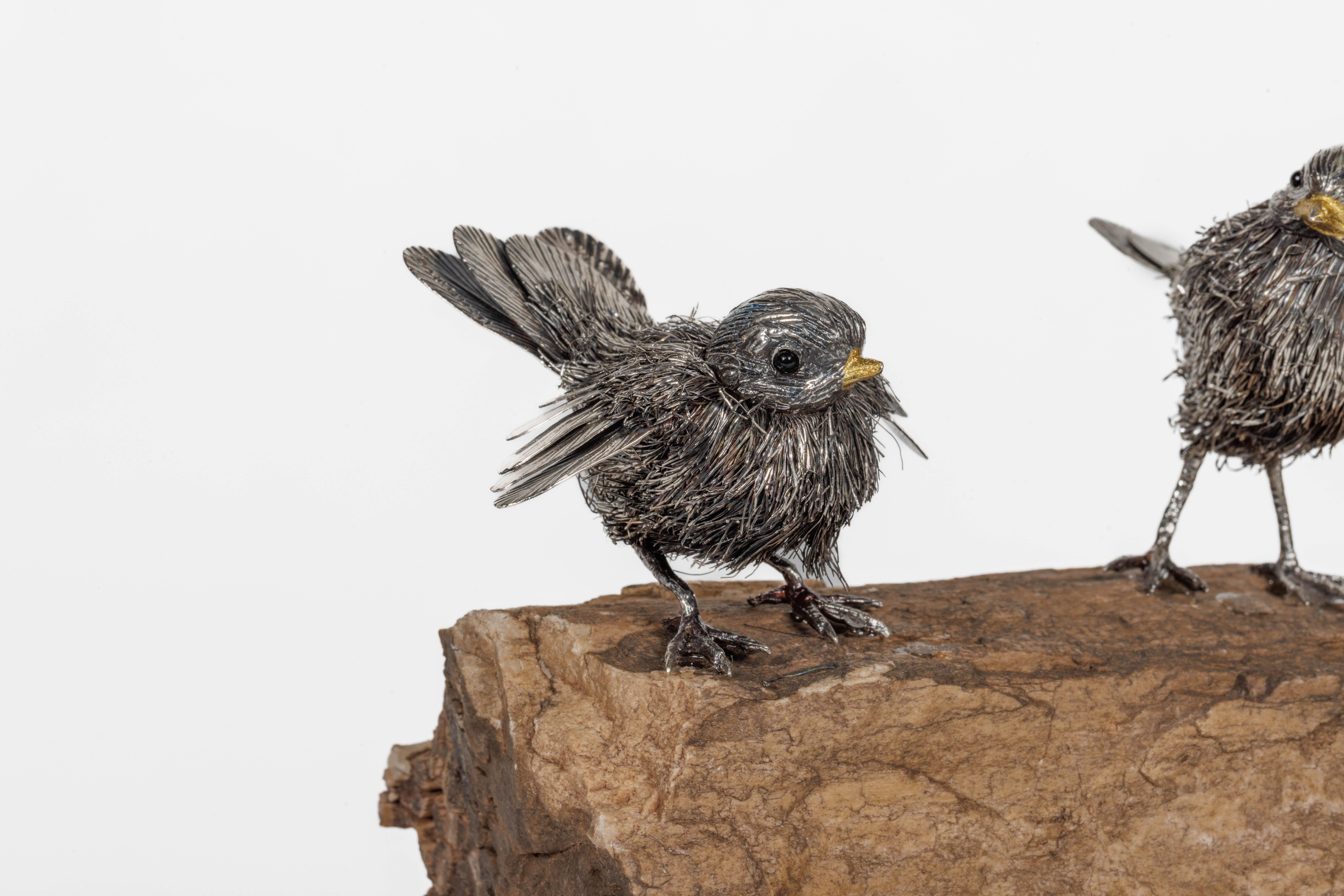 Adorable Family of Six Buccellati Sterling Silver Furry Chicks on Petrified Wood For Sale 2