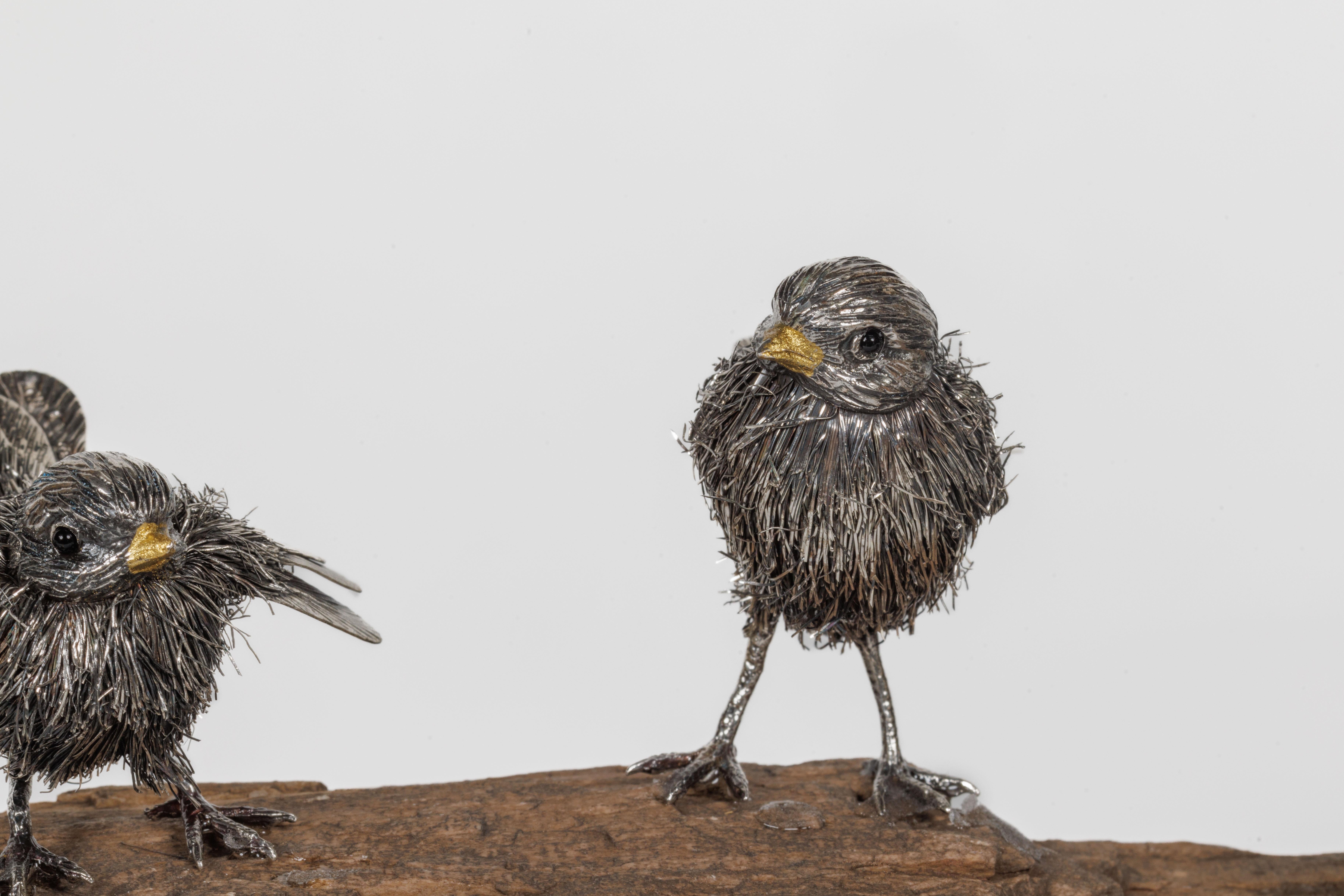 Adorable Family of Six Buccellati Sterling Silver Furry Chicks on Petrified Wood For Sale 3