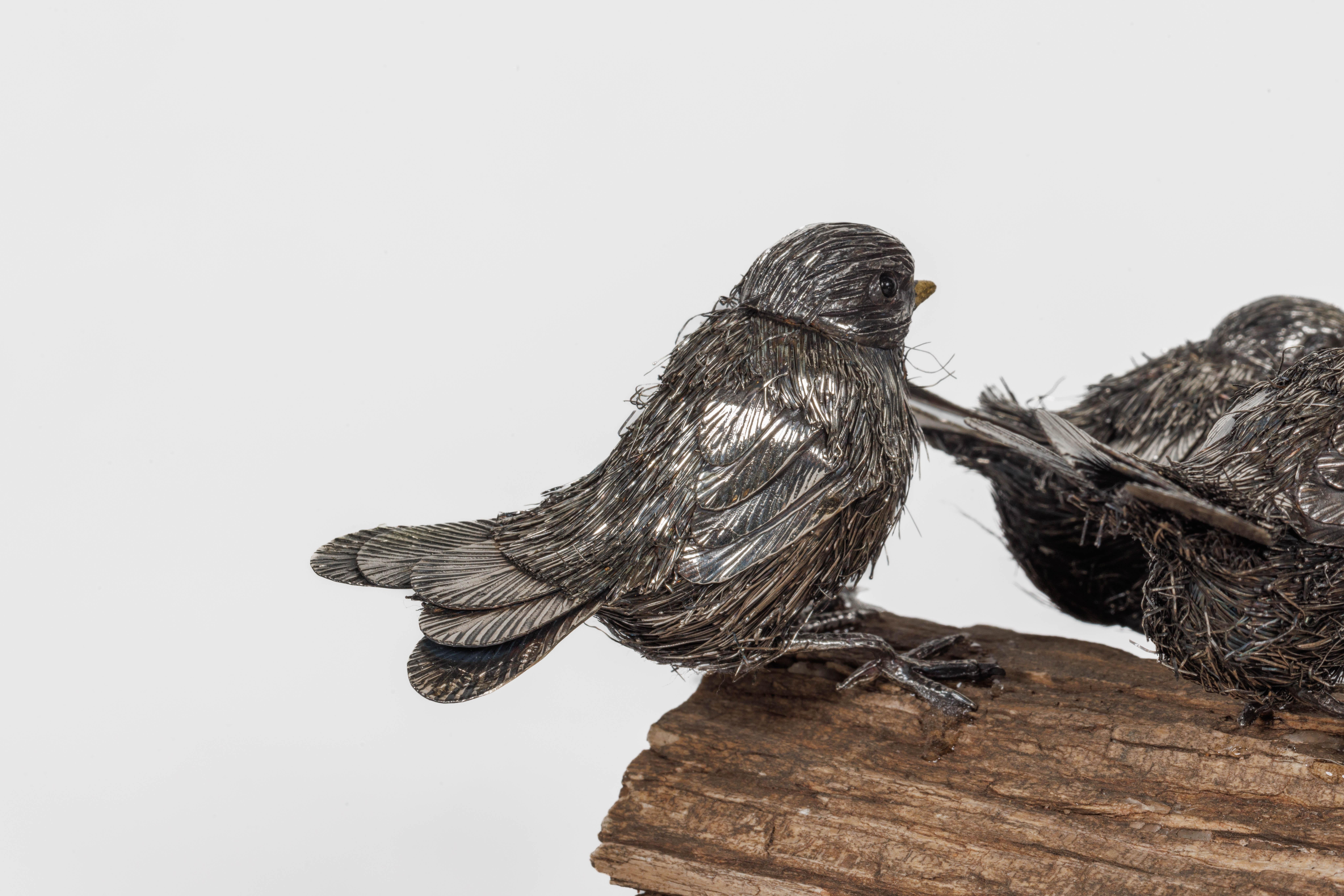 Adorable Family of Six Buccellati Sterling Silver Furry Chicks on Petrified Wood For Sale 4