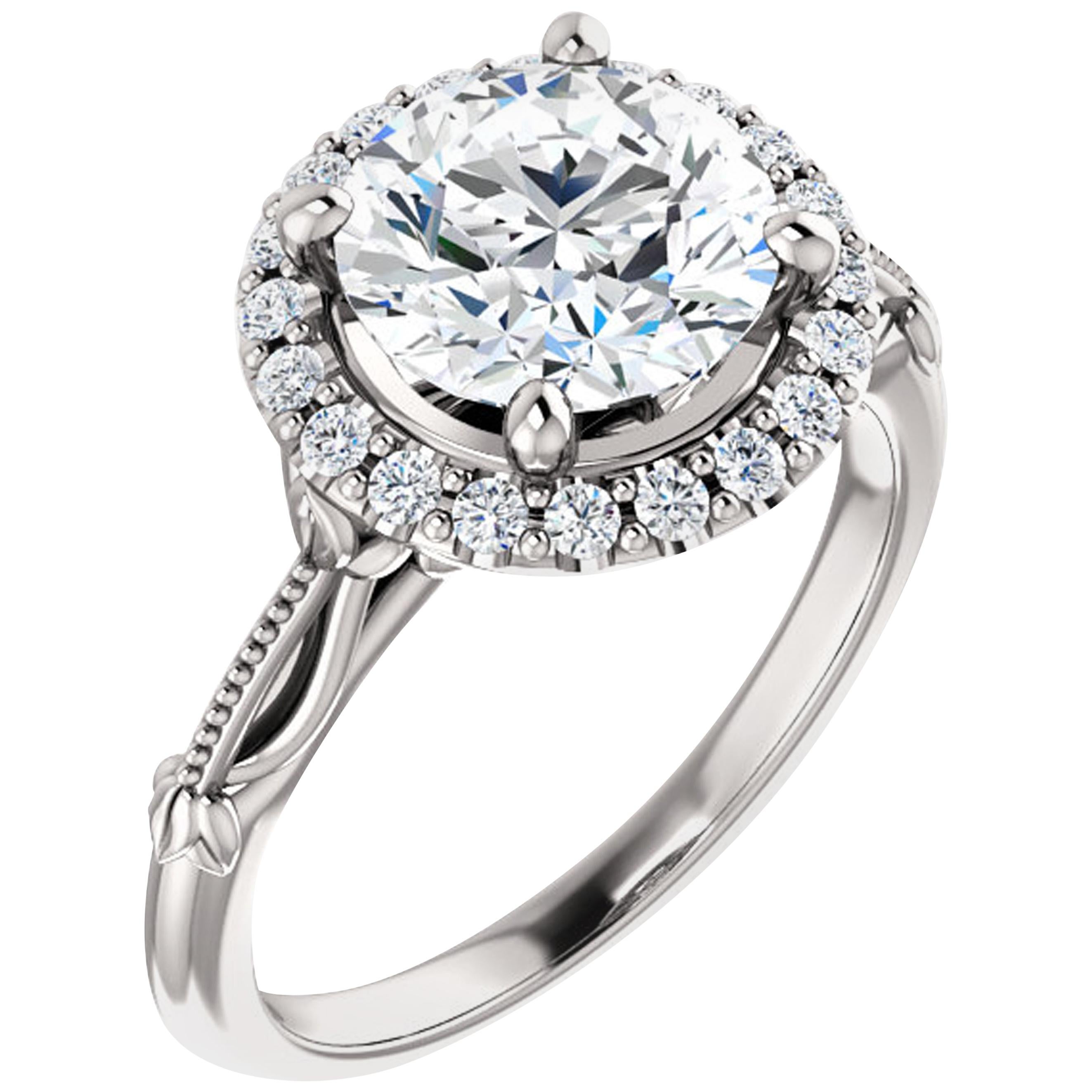 Adorable Filigree Halo Style Diamond Accented GIA Certified Engagement Ring For Sale
